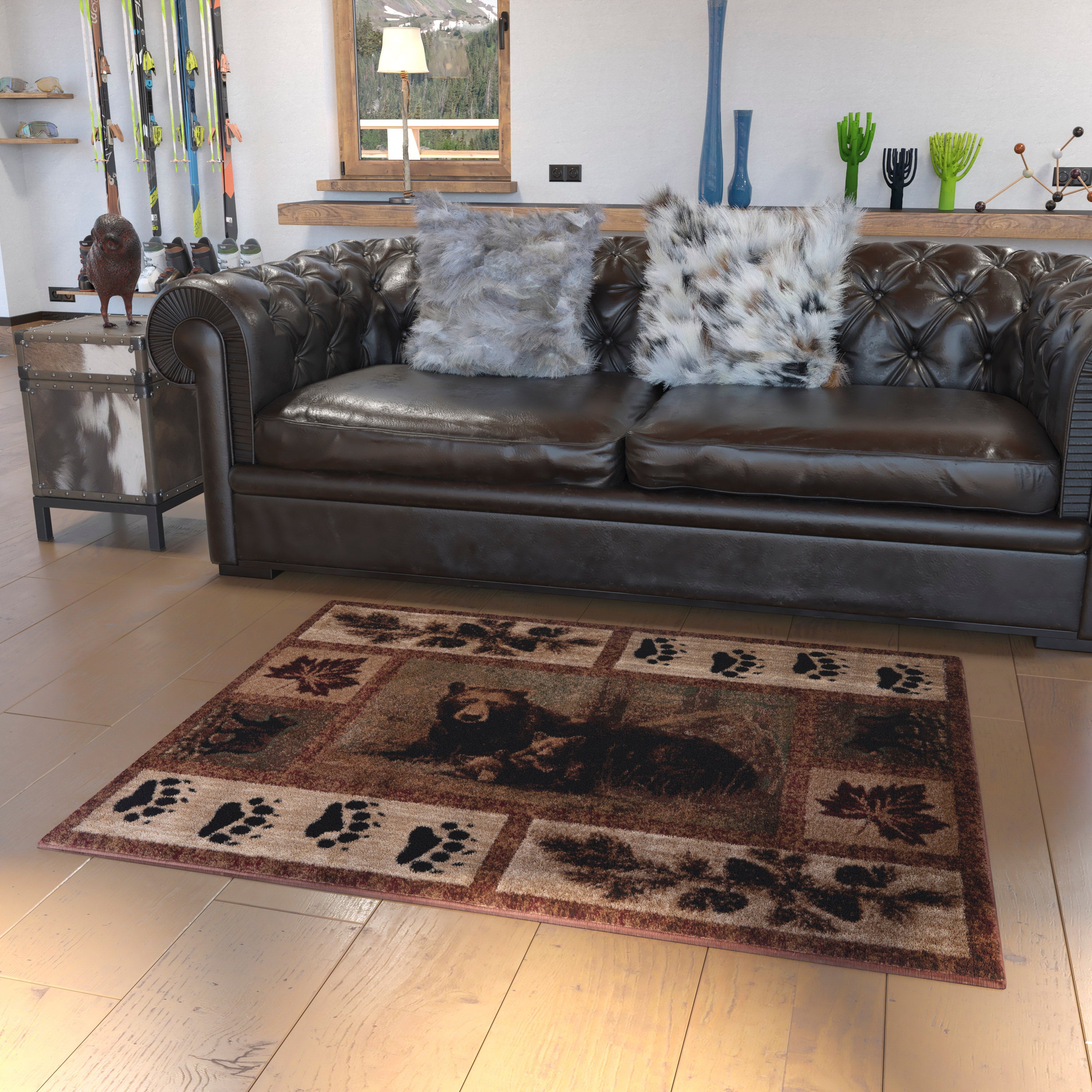 Vassa Collection 4' x 5' Mother Bear & Cubs Nature Themed Olefin Area Rug with Jute Backing for Entryway, Living Room, Bedroom