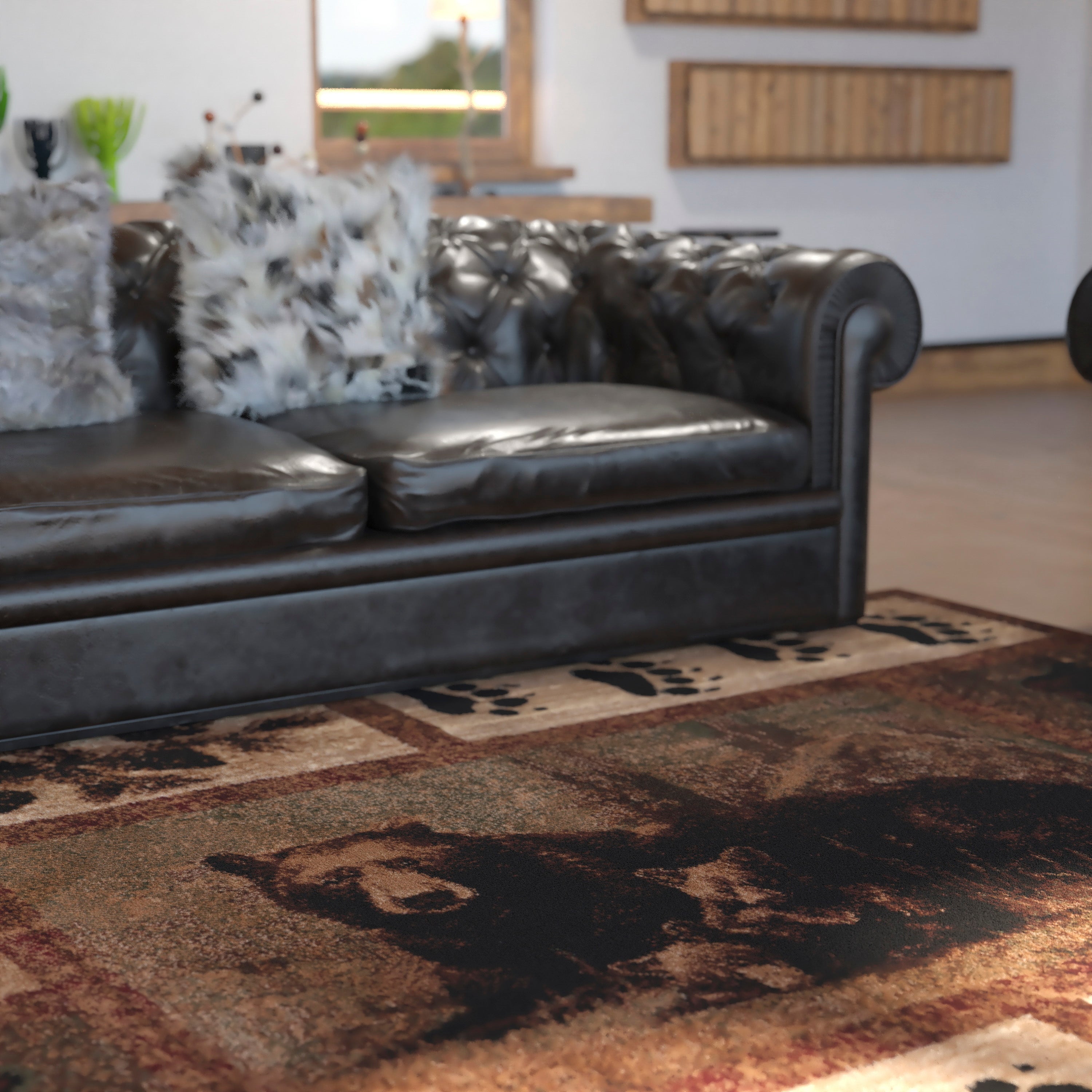 Vassa Collection 5' x 7' Mother Bear & Cubs Nature Themed Olefin Area Rug with Jute Backing for Entryway, Living Room, Bedroom