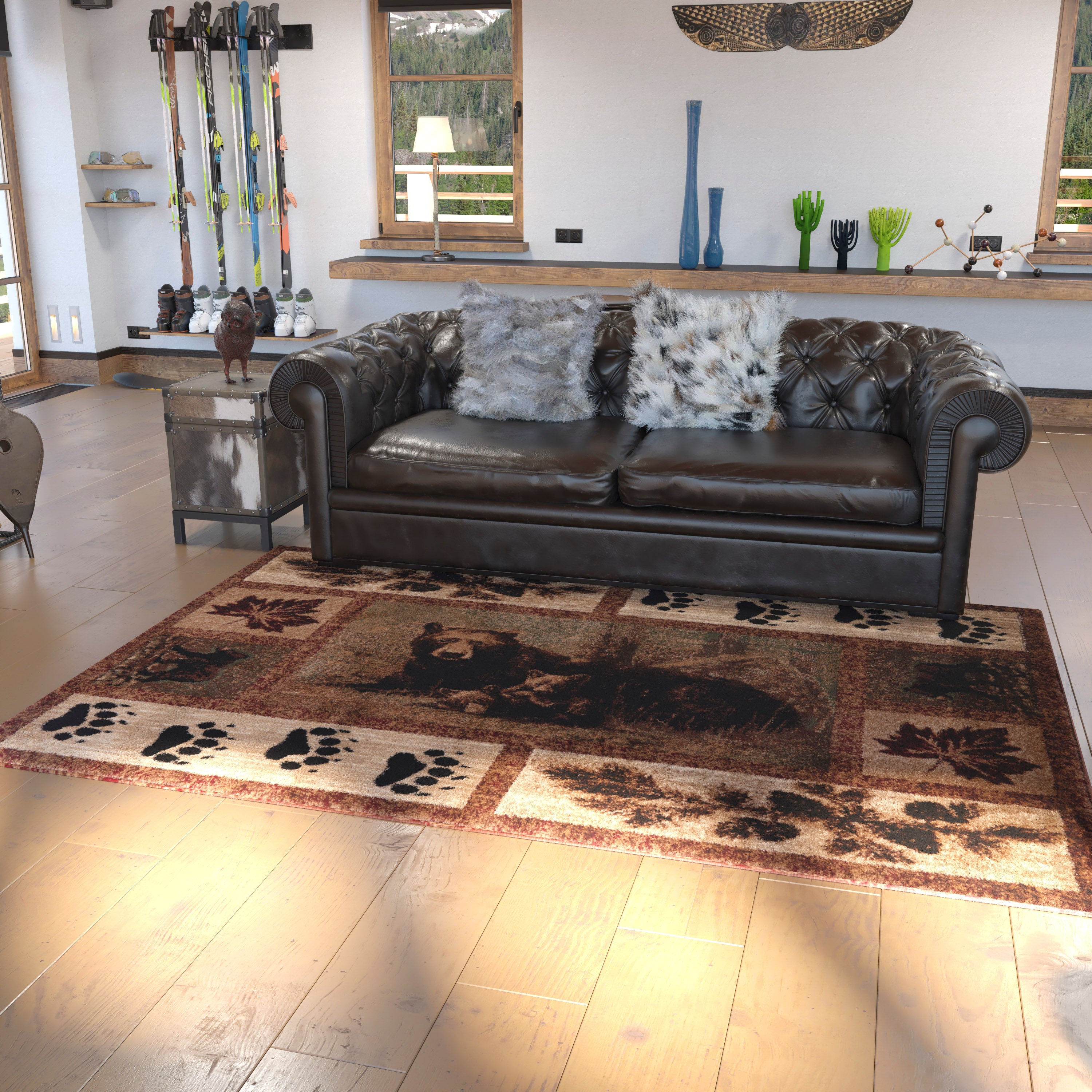 Vassa Collection 6' x 9' Mother Bear & Cubs Nature Themed Olefin Area Rug with Jute Backing for Entryway, Living Room, Bedroom