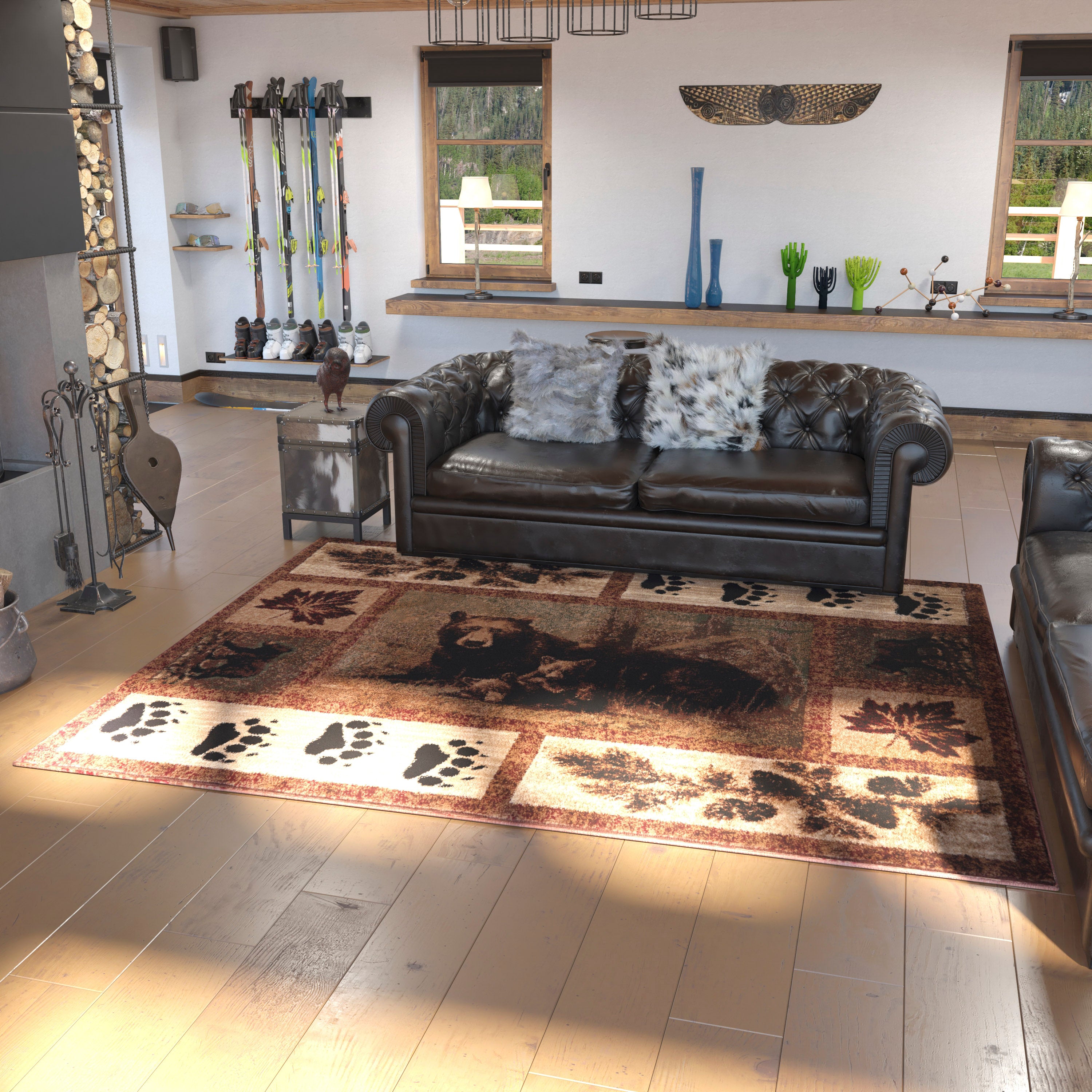 Vassa Collection 8' x 10' Mother Bear & Cubs Nature Themed Olefin Area Rug with Jute Backing for Entryway, Living Room, Bedroom