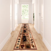 Vassa Collection 2' x 11' Mother Bear & Cubs Nature Themed Olefin Area Rug with Jute Backing for Entryway, Living Room, Bedroom