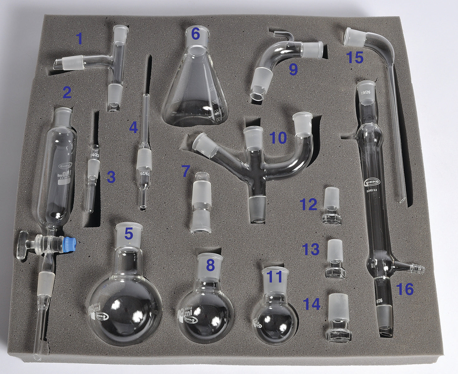 United Scientific® Deluxe Organic Chemistry Glassware Kit, 16 Pieces