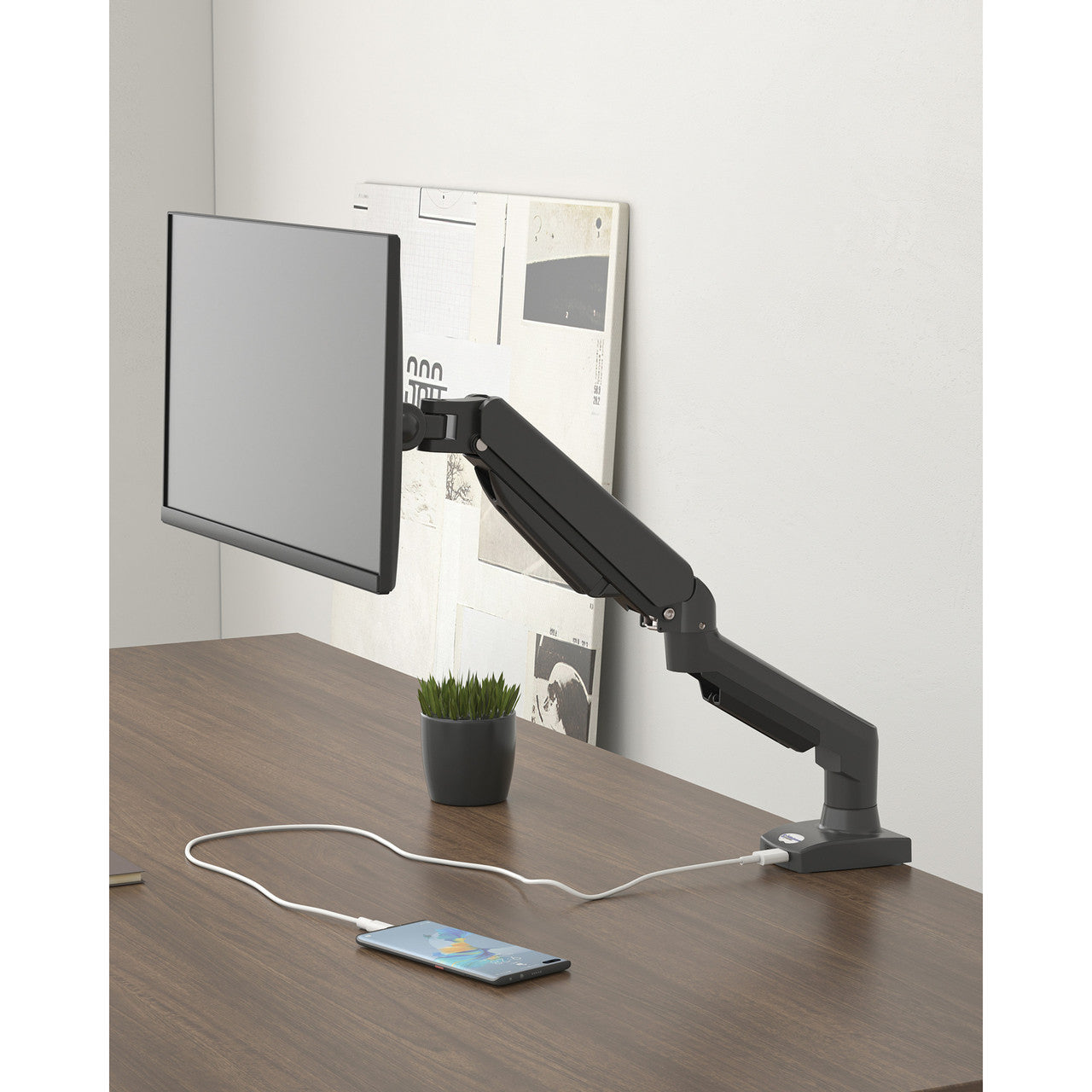 OfficeSource  Single Arm Monitor Arm with 1 USB-A, 1 USB-C - Charcoal