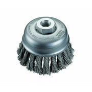Osborn Knot Wire Cup Brush, Size: 4” OD X .014” Steel X 5/8-11 NC AH, Fill Material: Low Carbon Wire, Trim Length: 1-1/4", Max RPM: 6,000, Package Qty: 1 per Clamshell