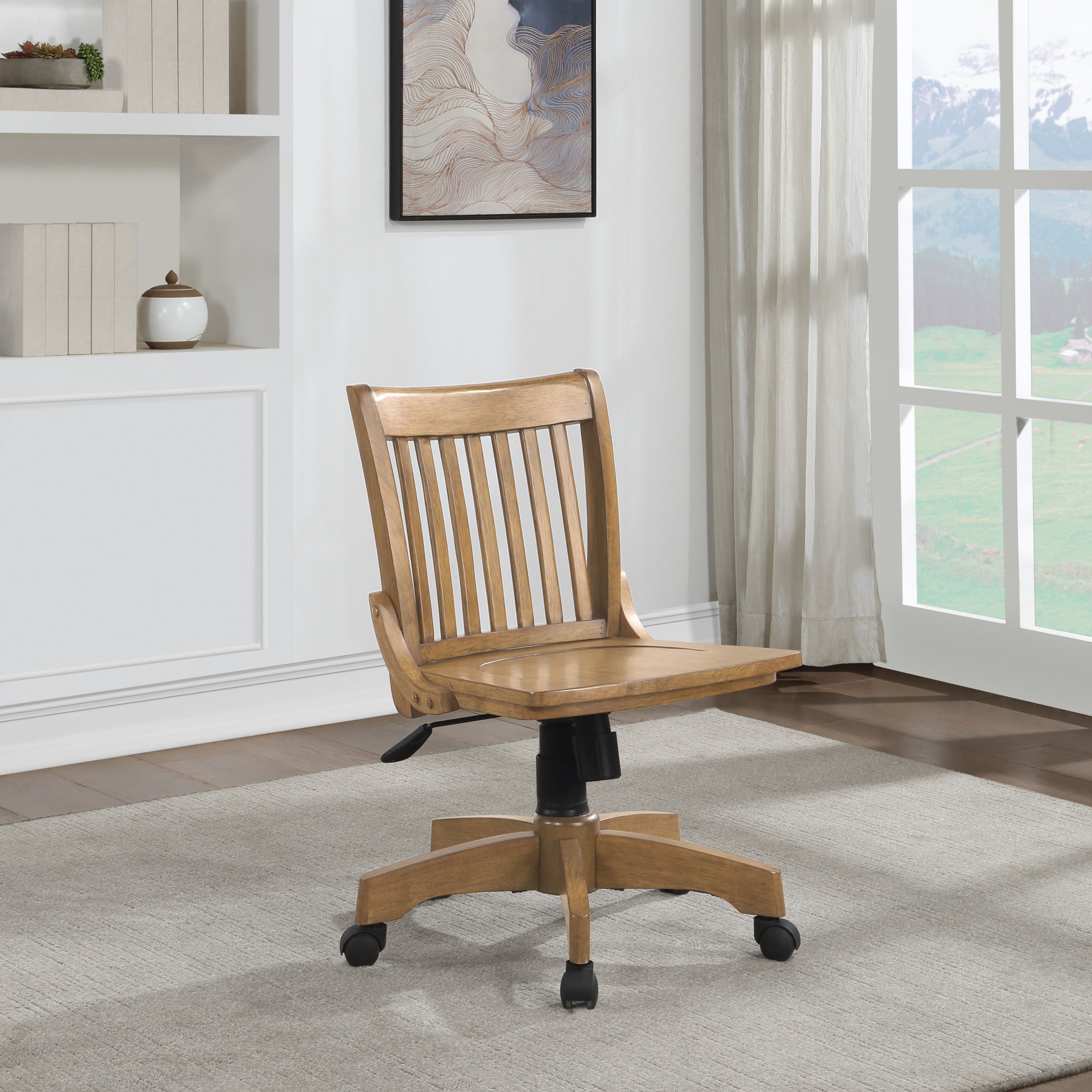 Deluxe Armless Wood Bankers Chair - Medium Oak Finish