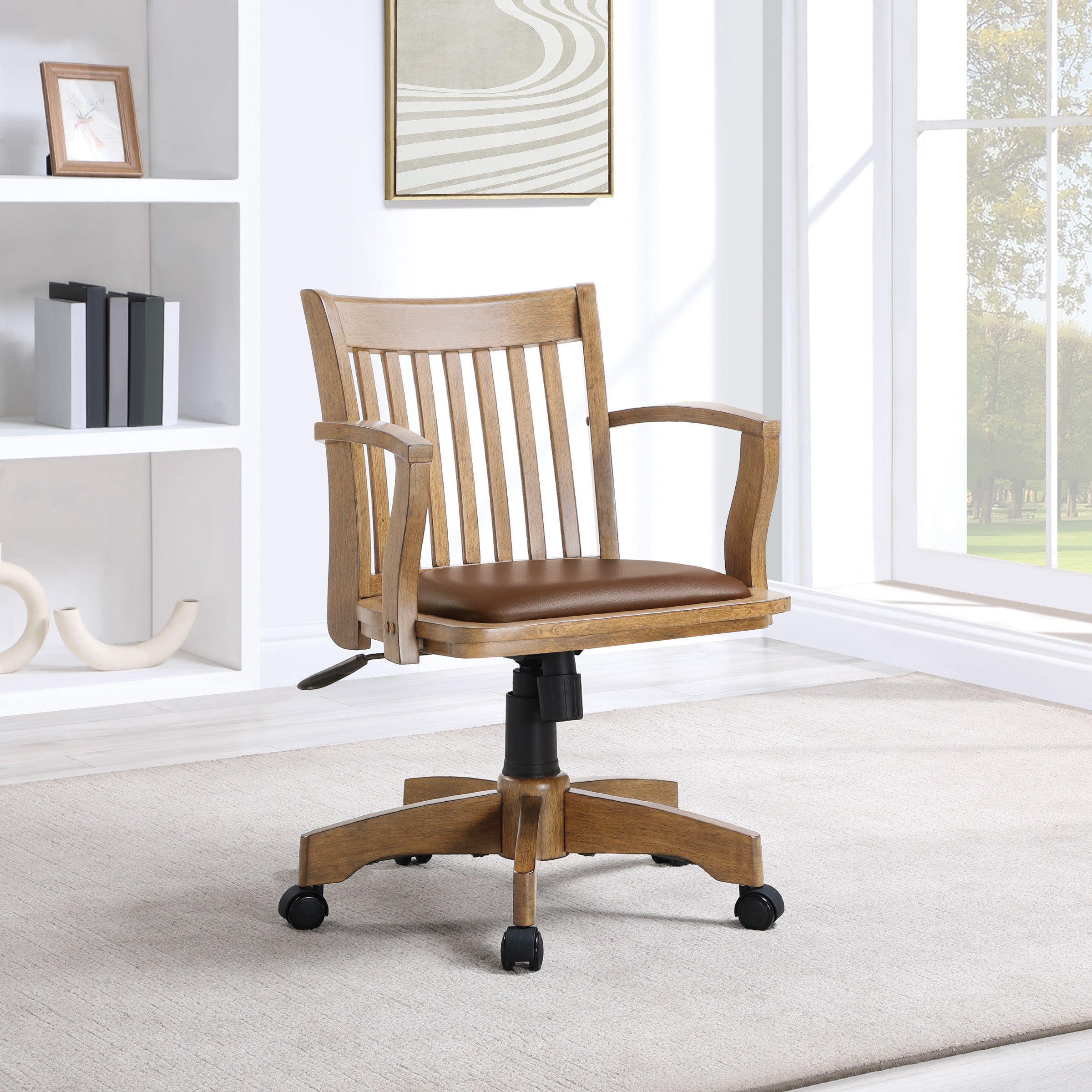 Deluxe Wood Banker's Chair - Medium Oak Brown Finish