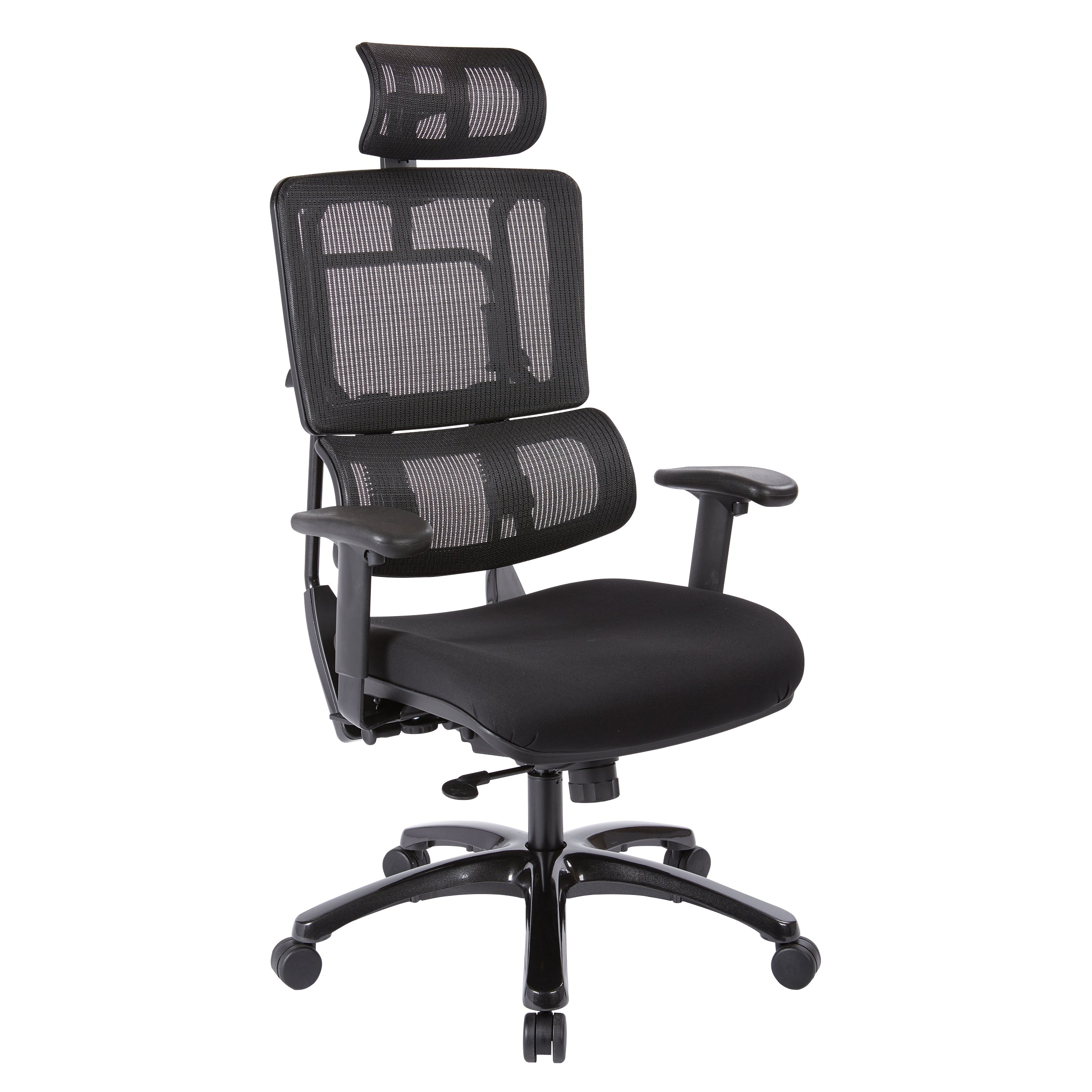Vertical Black Mesh Back Chair with Shiny Black Base and Headrest - Black