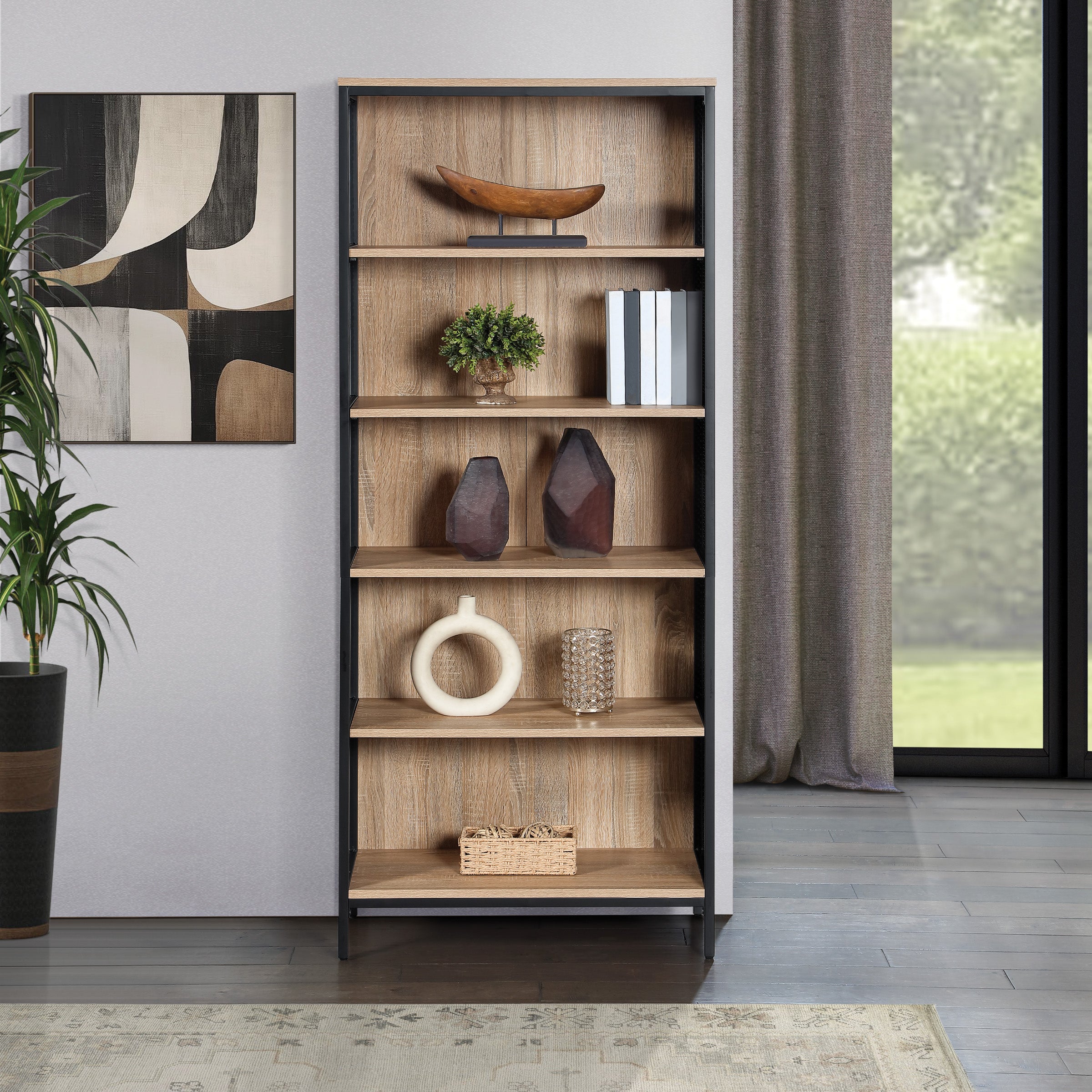 Ace 72” 5-Shelf Bookcase in Rustic Oak Finish