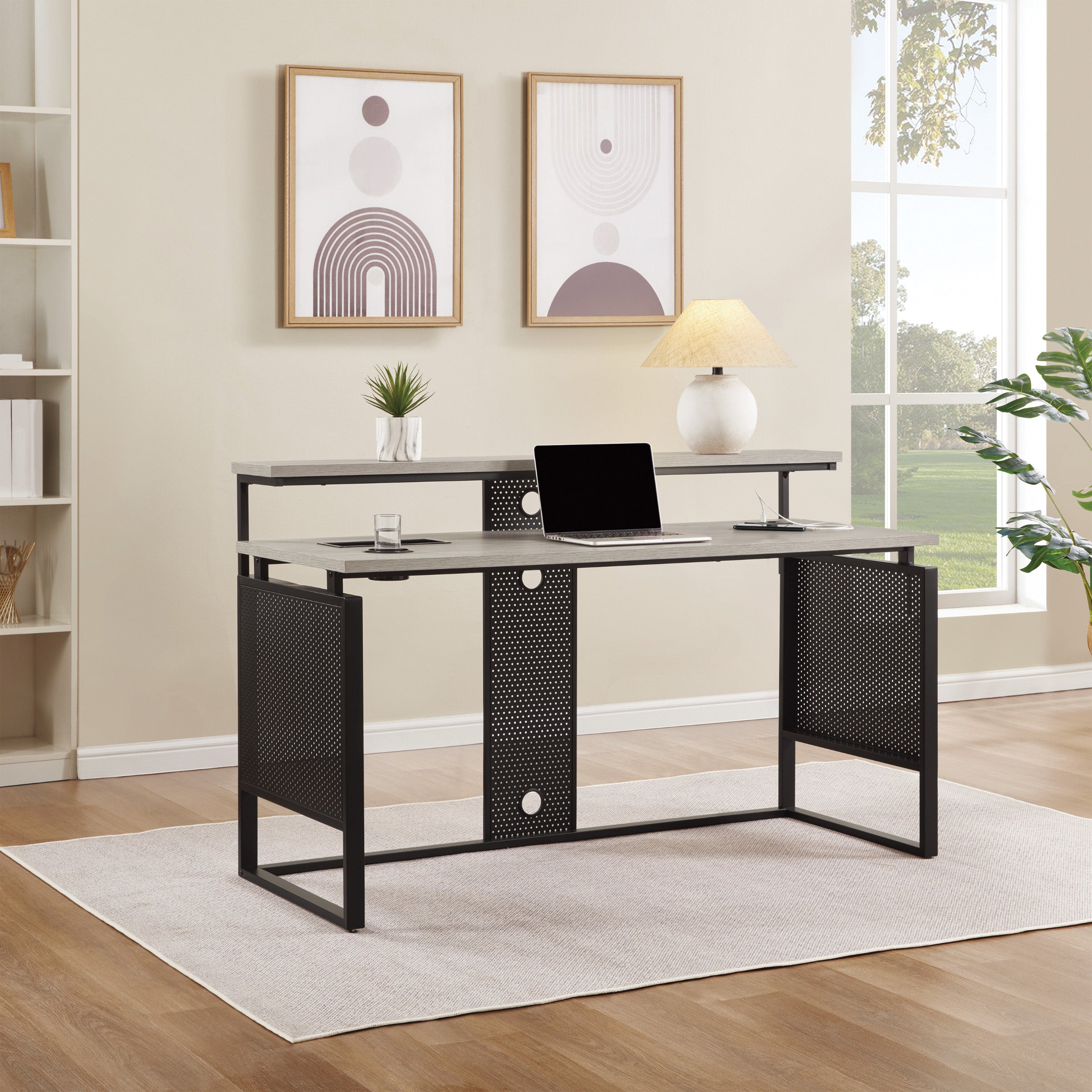 Ace 60" Desk with Hutch in Grey Taupe Top and Matte Black Frame