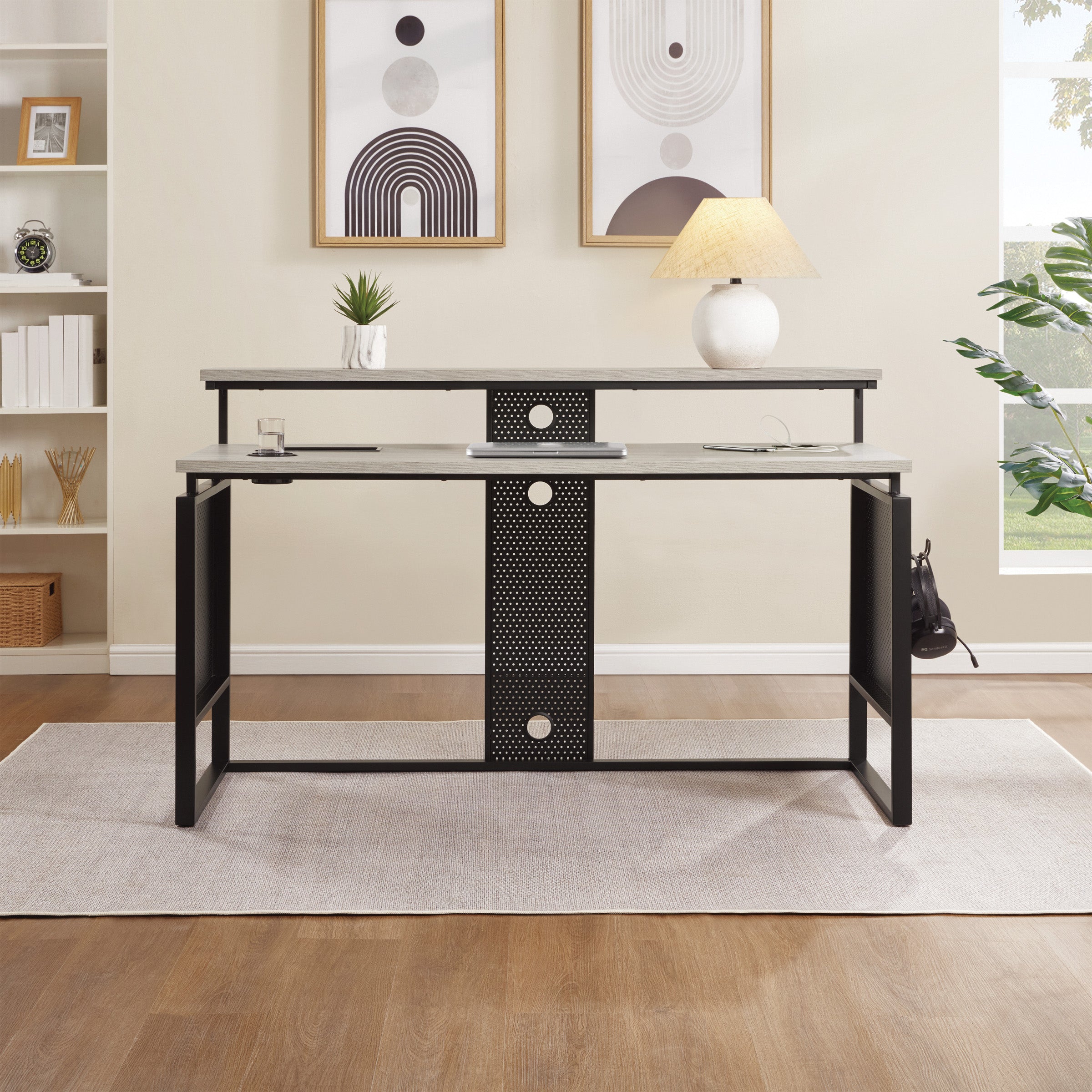 Ace 60" Desk with Hutch in Grey Taupe Top and Matte Black Frame