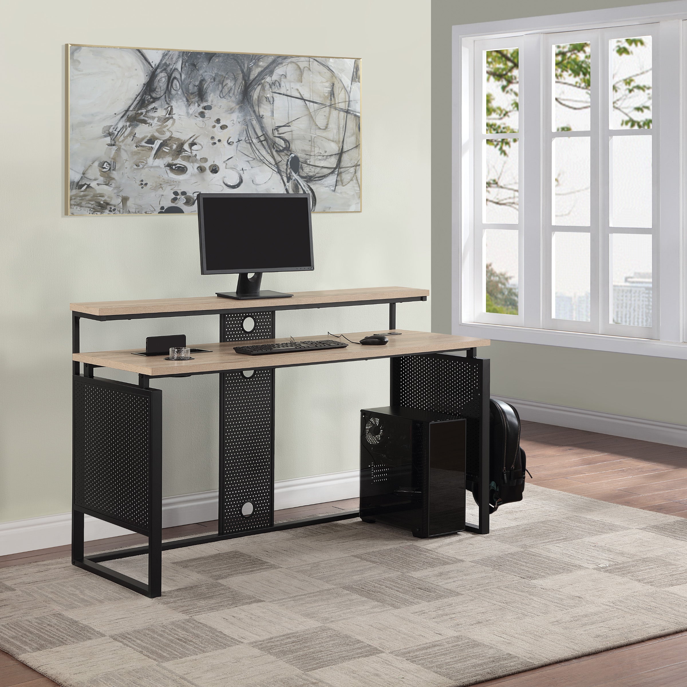 ACE 60" Desk with Hutch Shelf - River Oak/Black