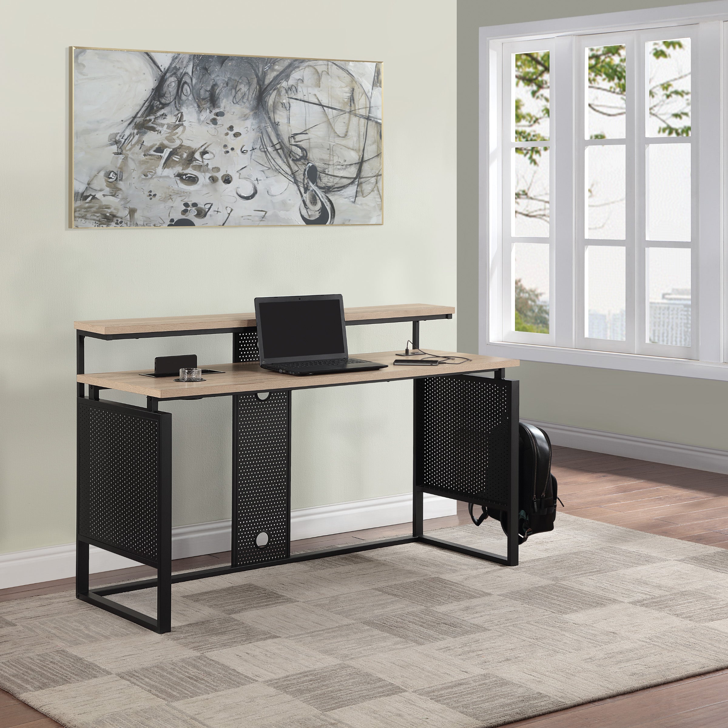 ACE 60" Desk with Hutch Shelf - River Oak/Black