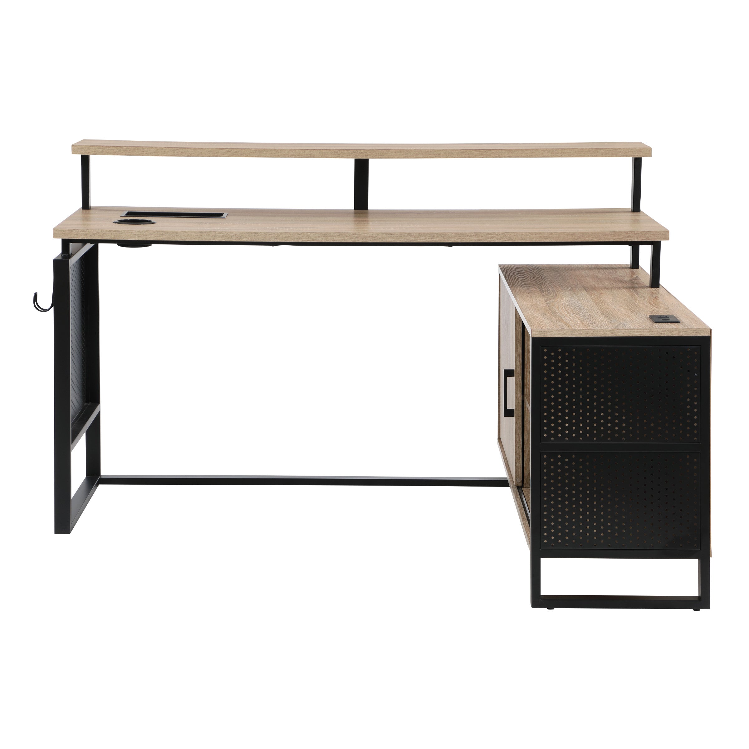 ACE L-Desk with Hutch Shelf - River Oak/Black