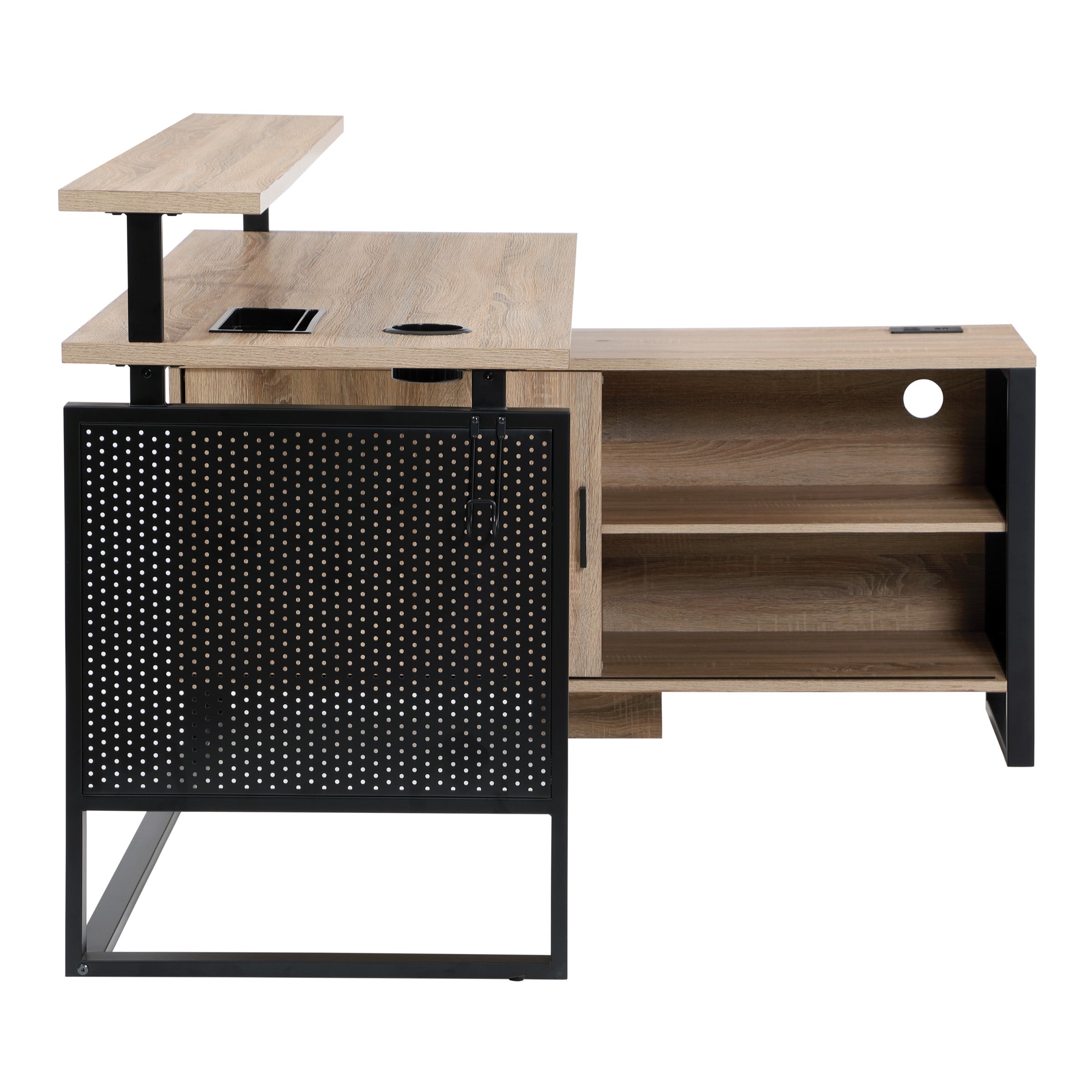 ACE L-Desk with Hutch Shelf - River Oak/Black
