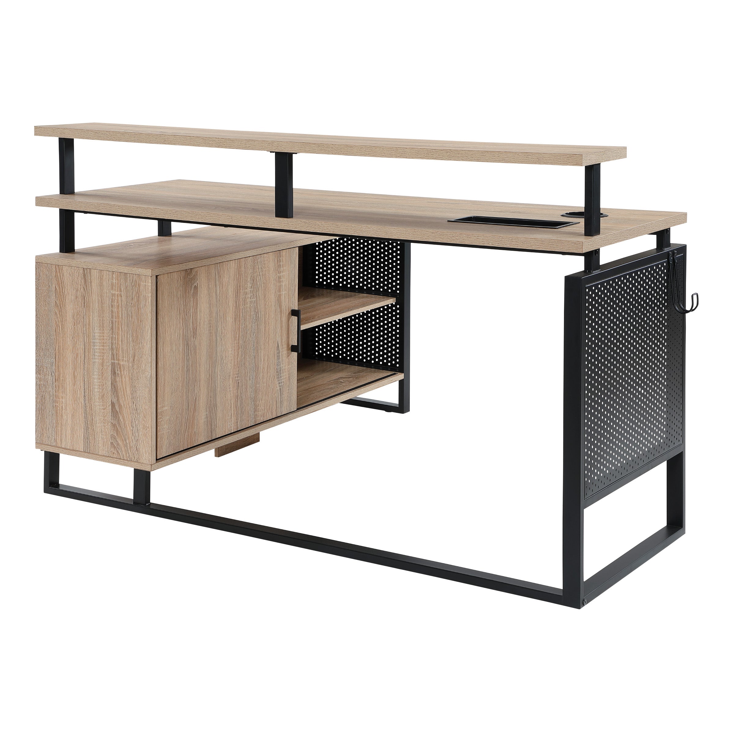 ACE L-Desk with Hutch Shelf - River Oak/Black