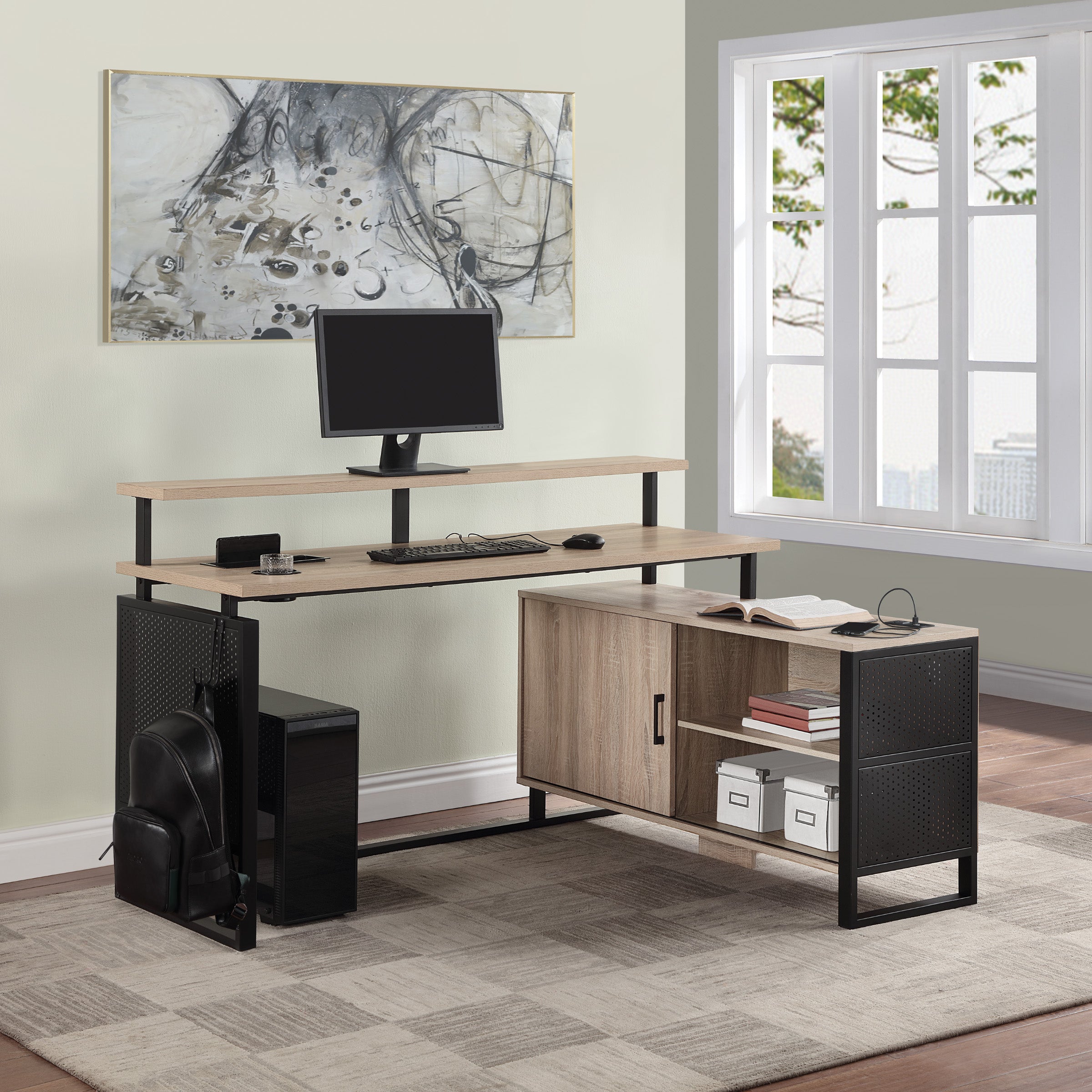 ACE L-Desk with Hutch Shelf - River Oak/Black