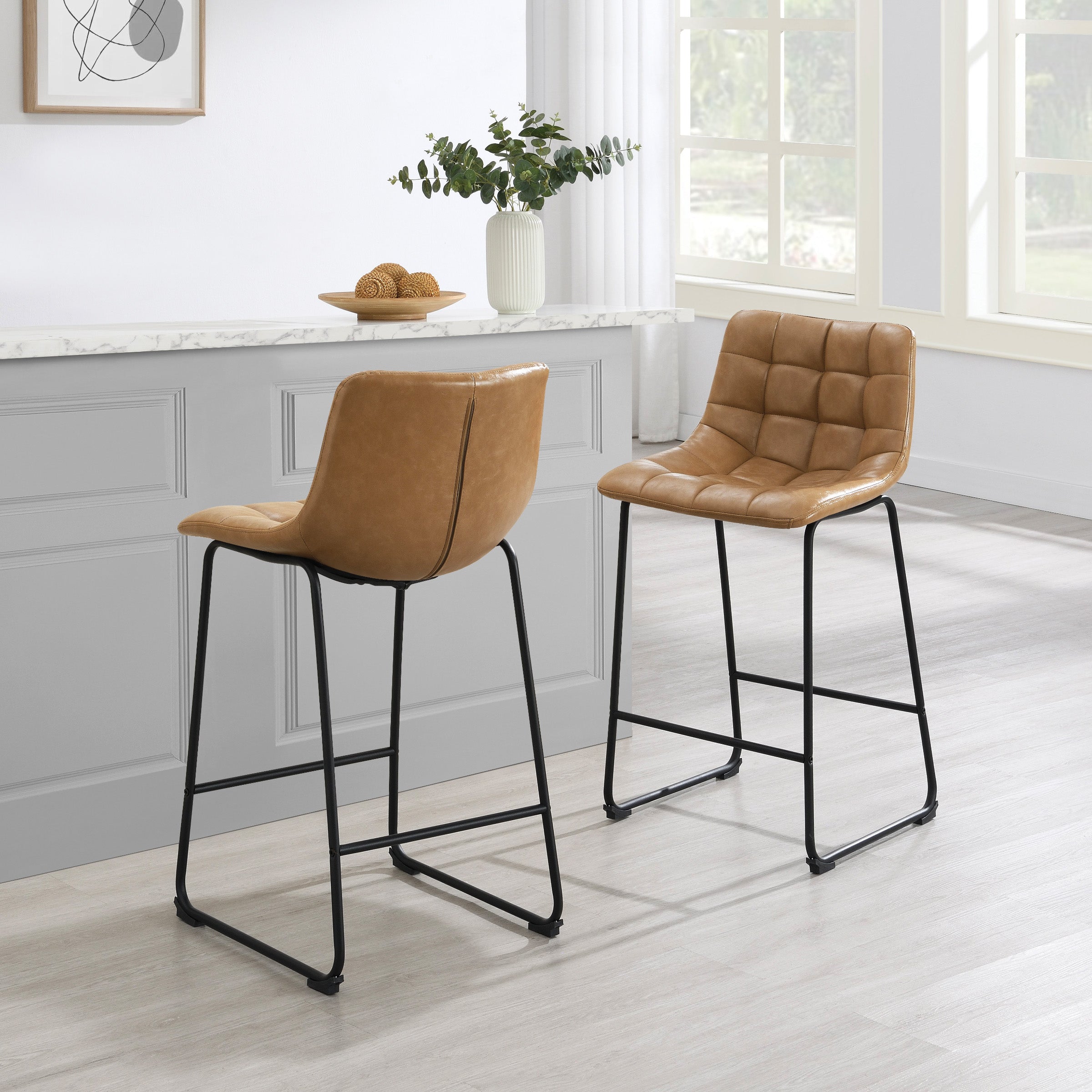 Alcott 26" Counter Stool in Taupe Faux leather and Black Base 2-Pack