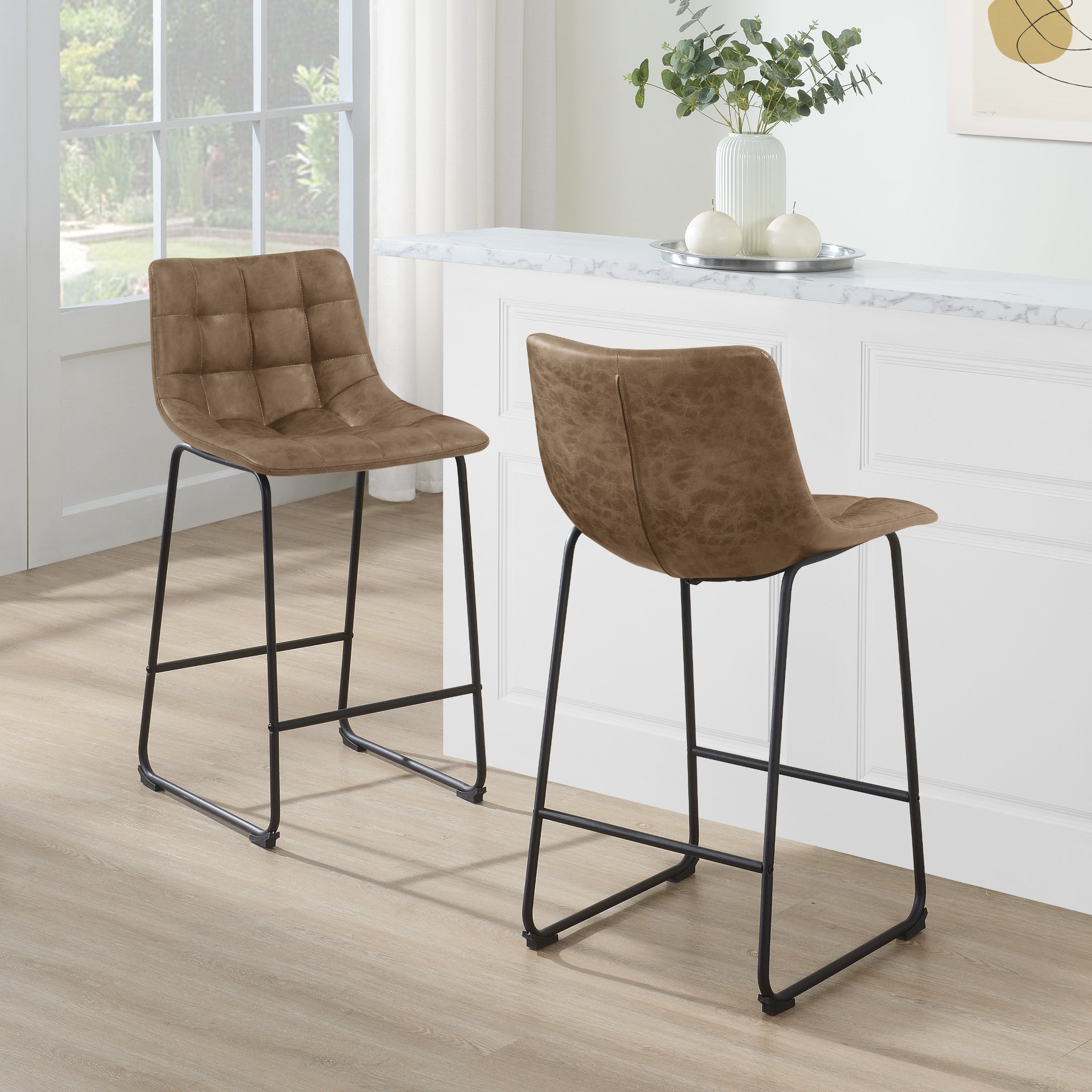 Alcott 26" Counter Stool in Saddle Faux leather and Black Base 2-Pack
