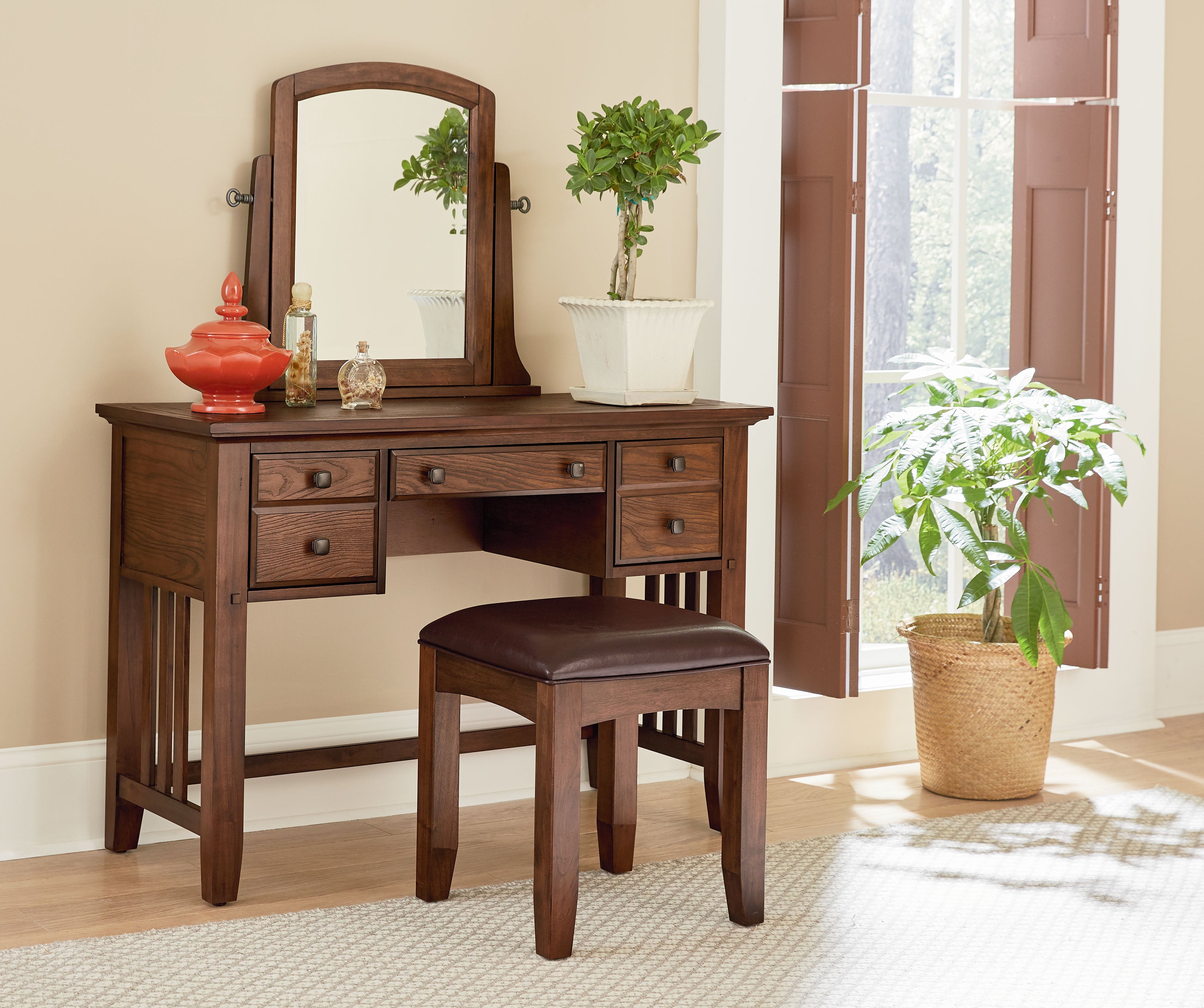 Modern Mission Vanity/Mirror/Bench - Vintage Oak
