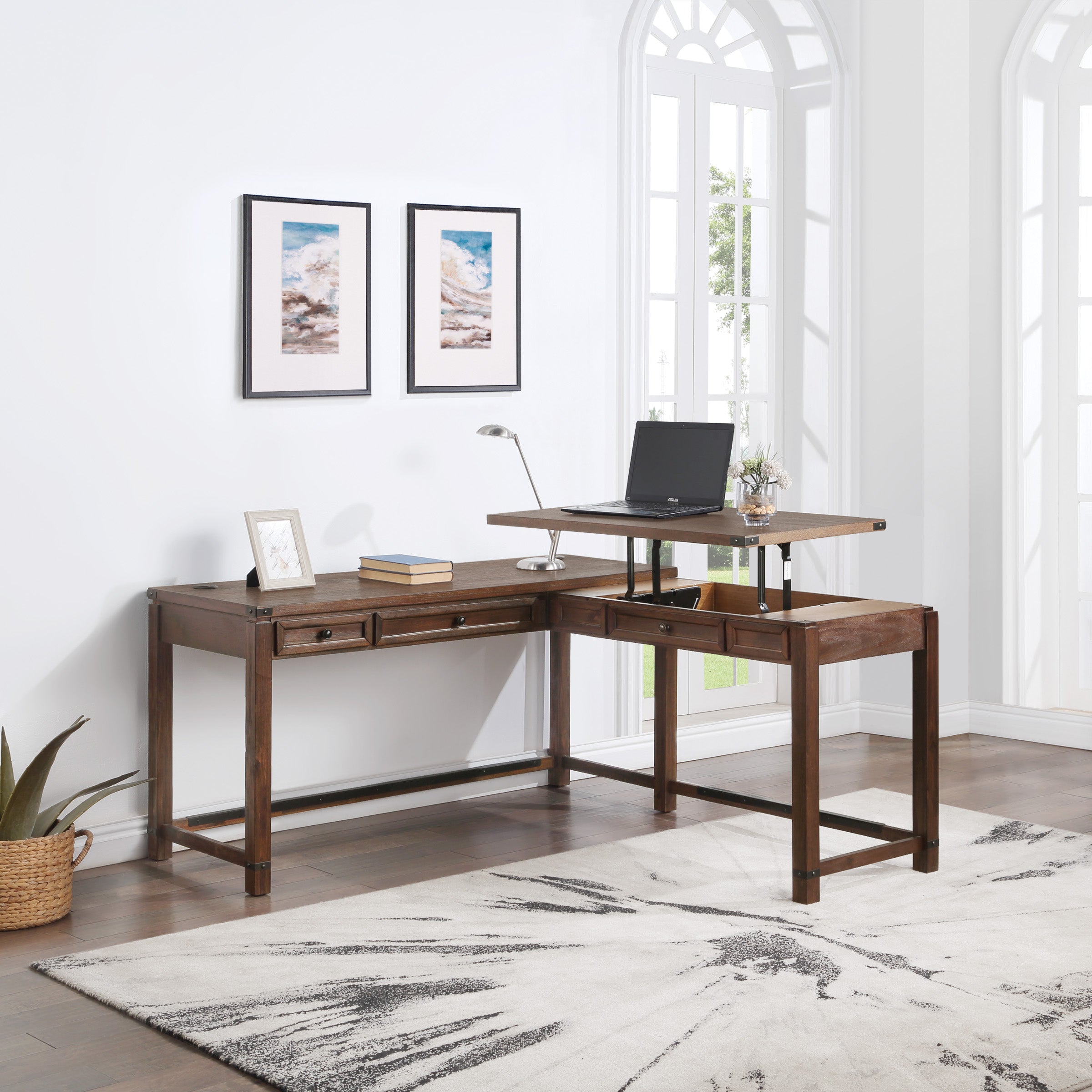 Baton Rouge L-Shaped Lift Desk - Brushed Walnut