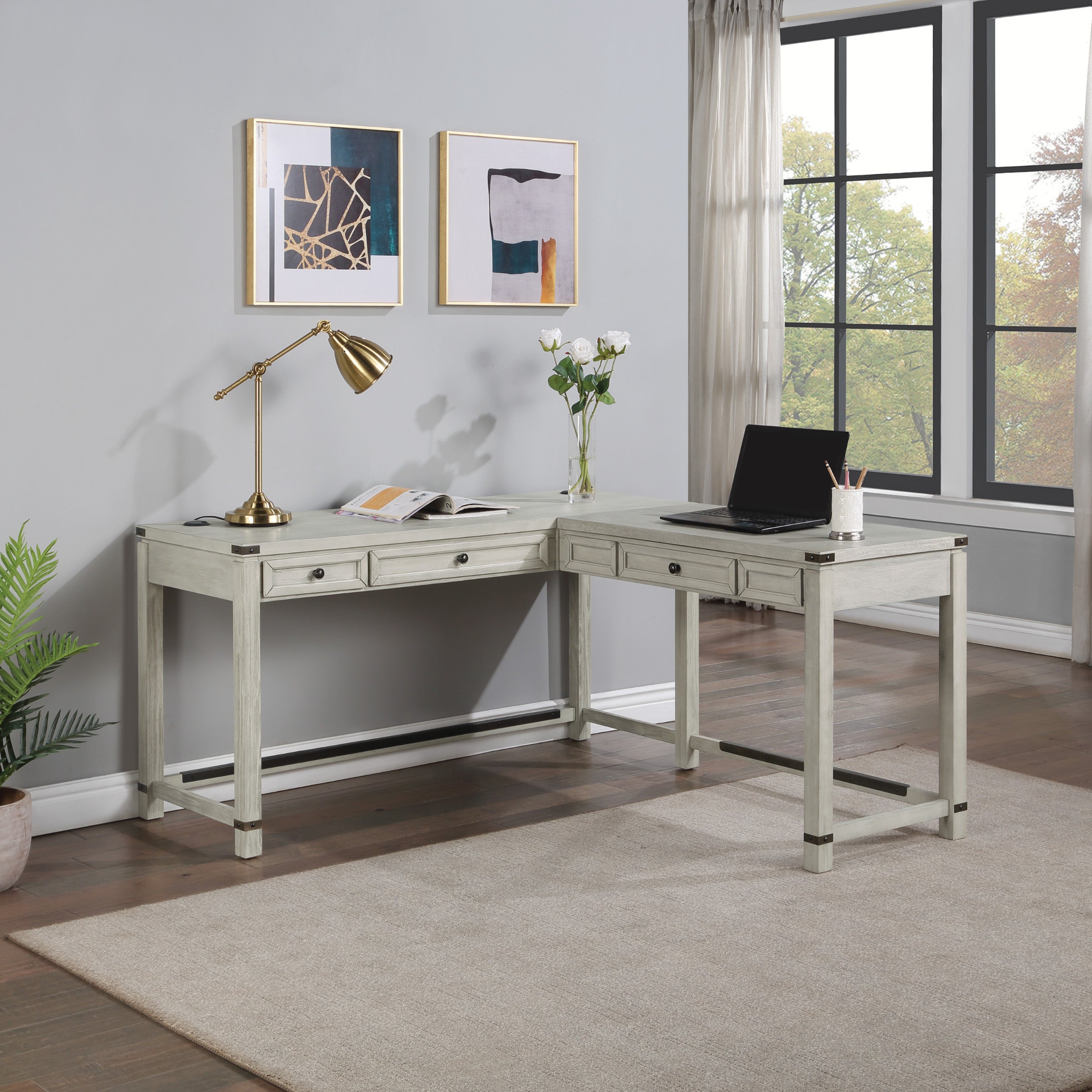 Baton Rouge L-Shaped Lift Desk - Champagne Oak