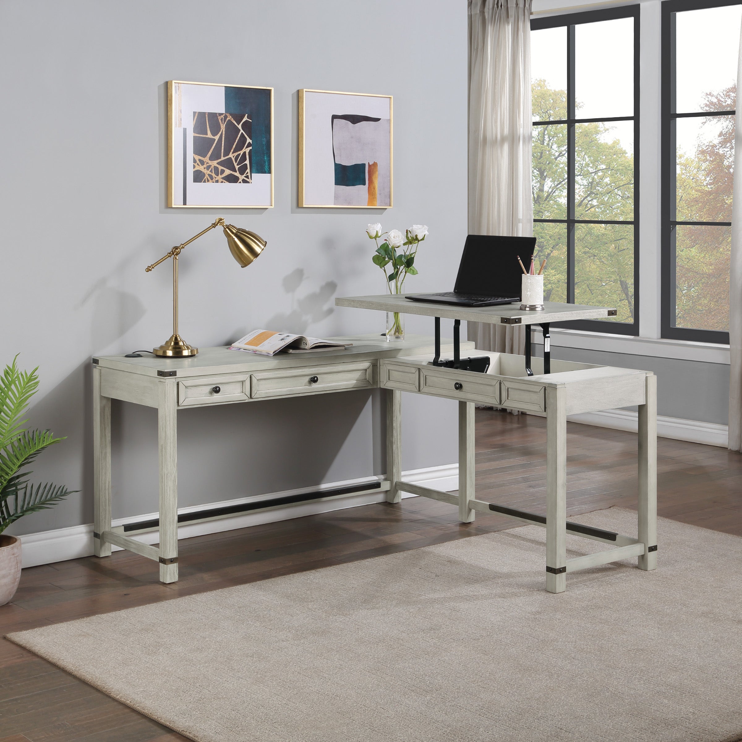 Baton Rouge L-Shaped Lift Desk - Champagne Oak