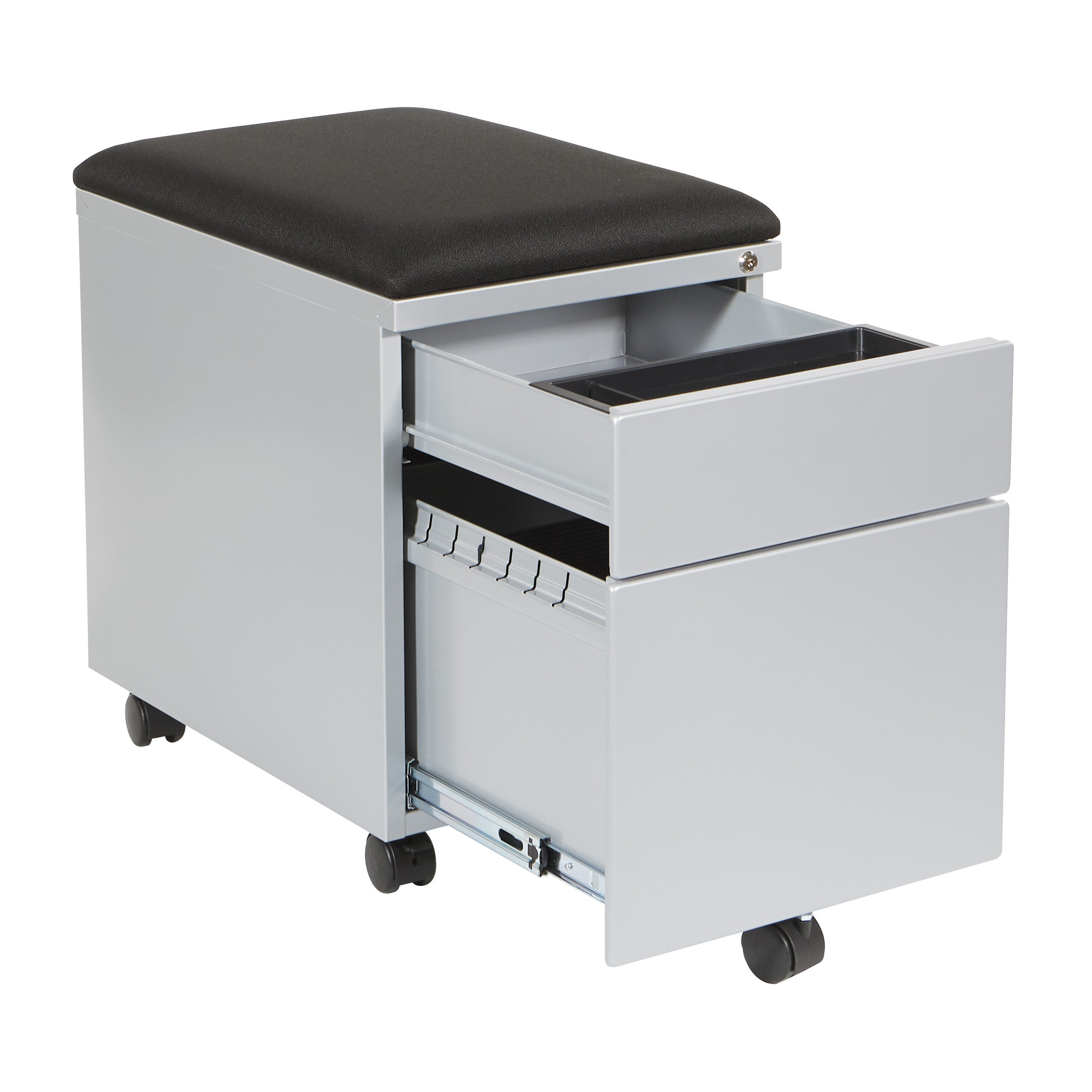 Mobile File with Padded Seat - Black Fabric, Silver Frame