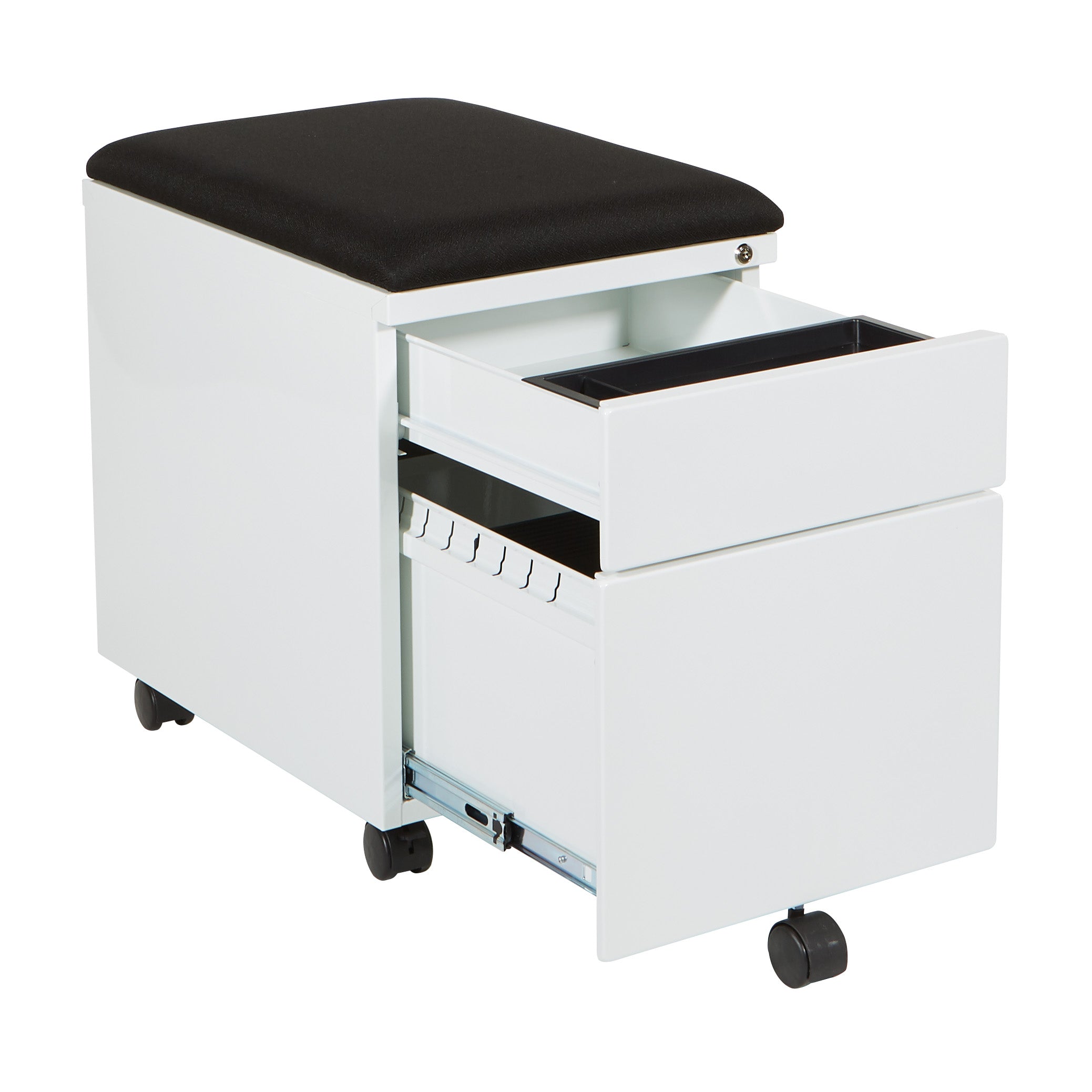 Mobile File with Padded Seat - Black Fabric, White Frame