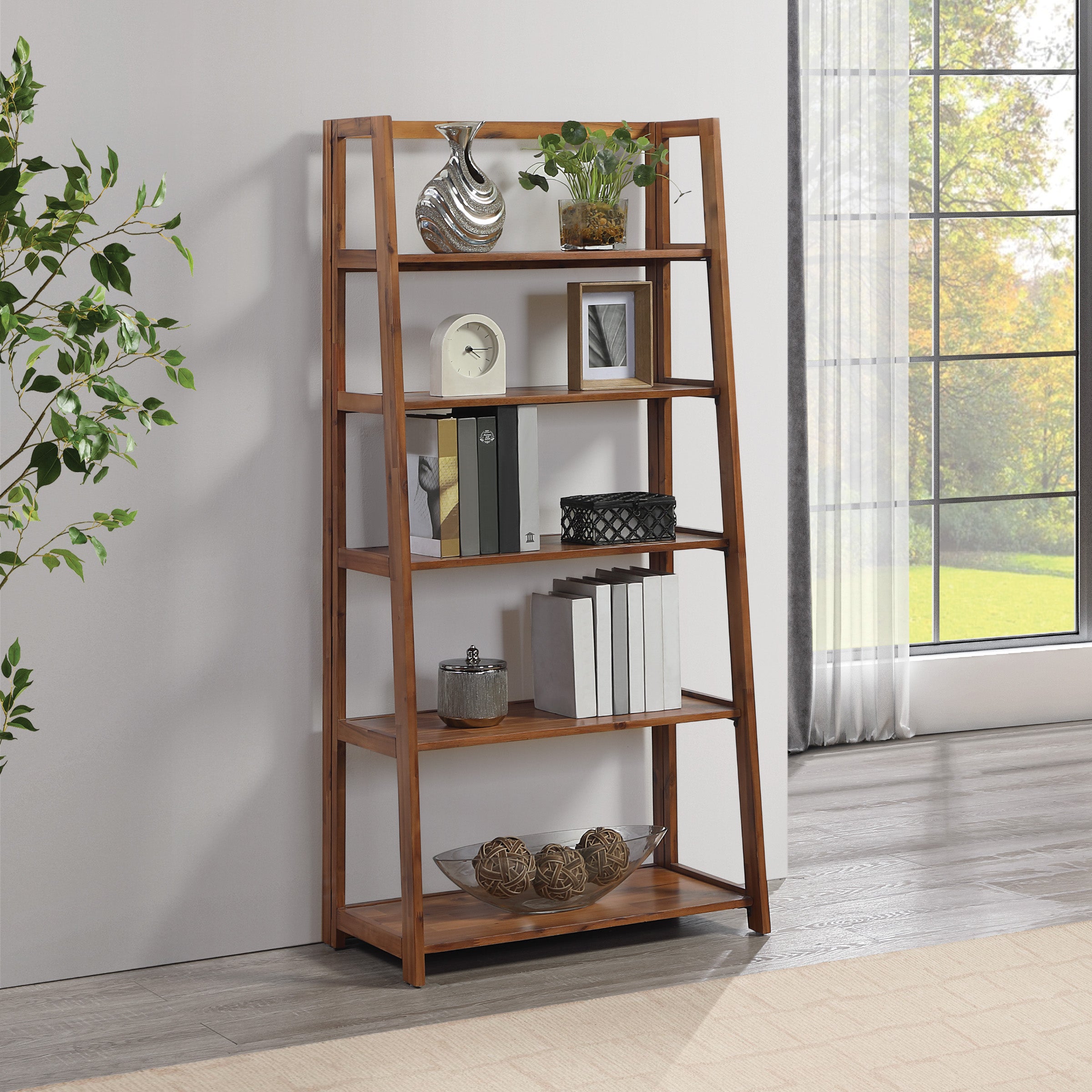 Bayfront 5-Self Folding Bookcase in Bayfront Acacia Wood Finish