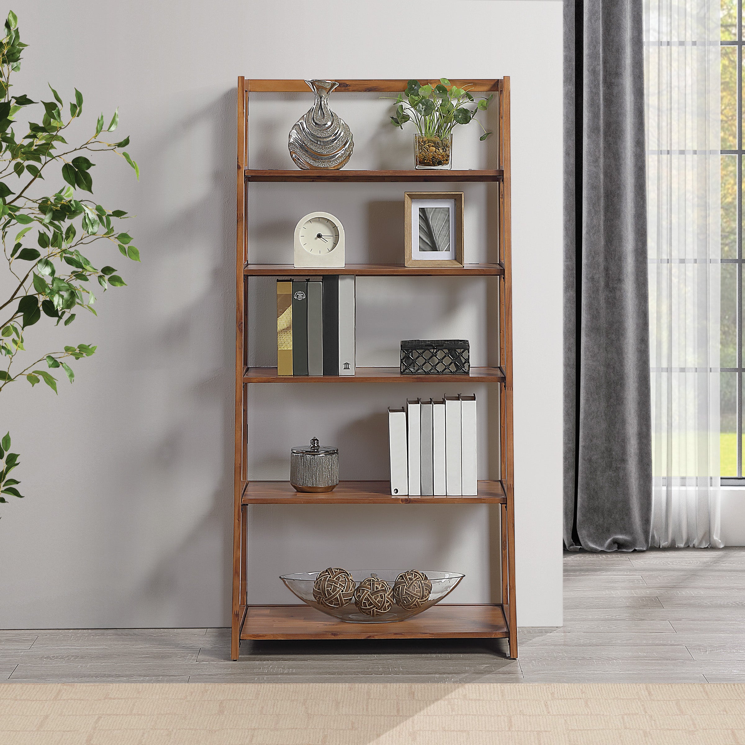 Bayfront 5-Self Folding Bookcase in Bayfront Acacia Wood Finish