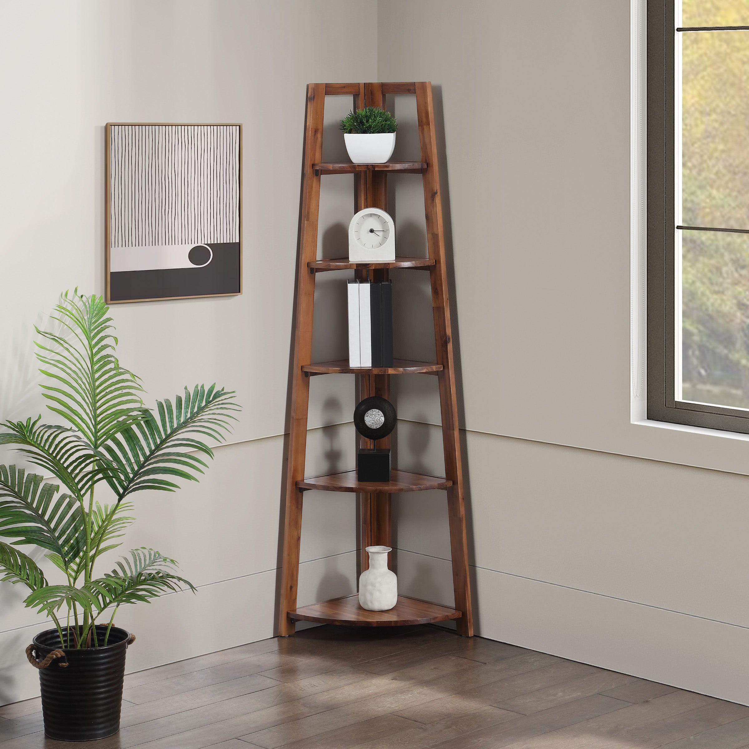 Bayfront 5-Self Corner Folding Bookcase in Bayfront Acacia Wood Finish