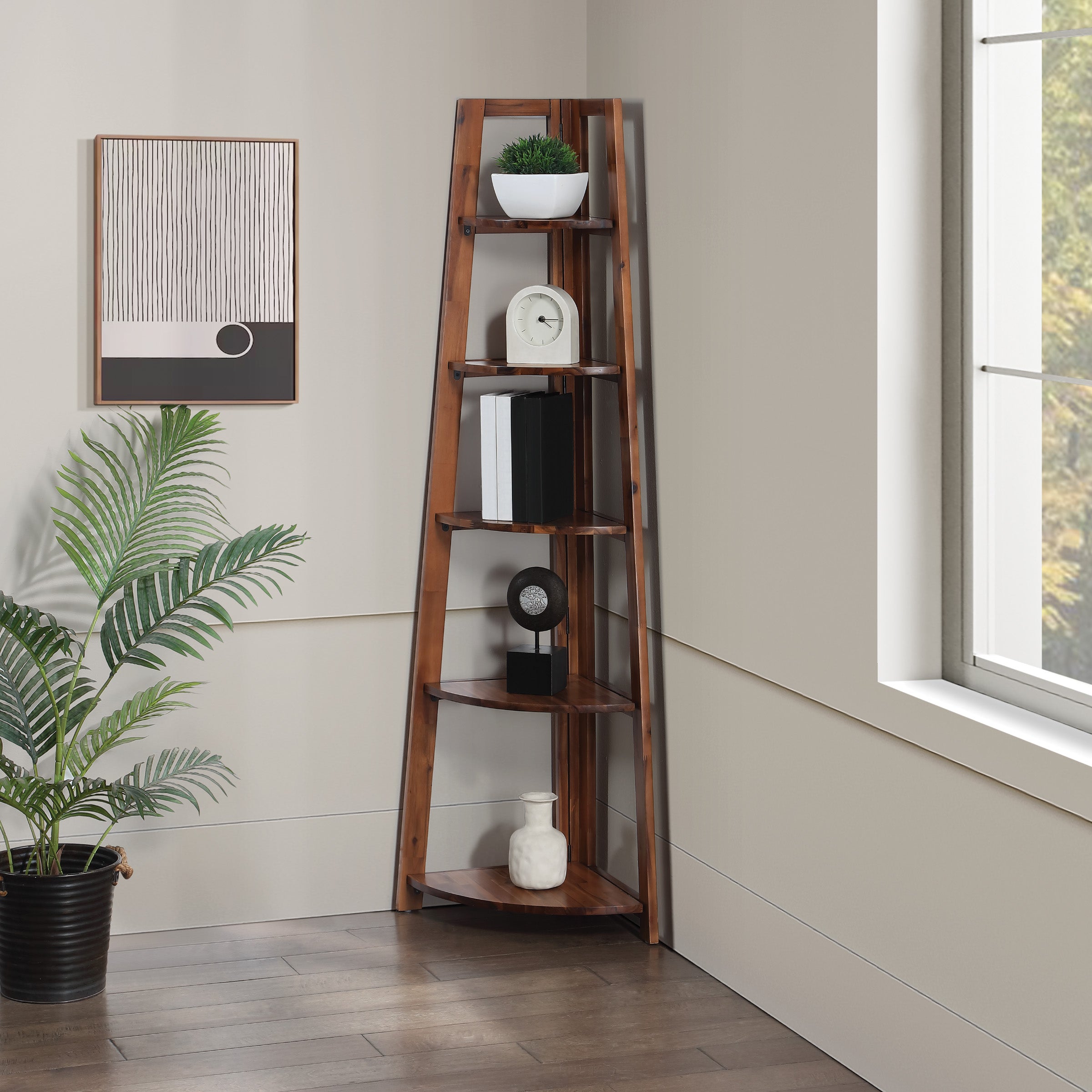 Bayfront 5-Self Corner Folding Bookcase in Bayfront Acacia Wood Finish