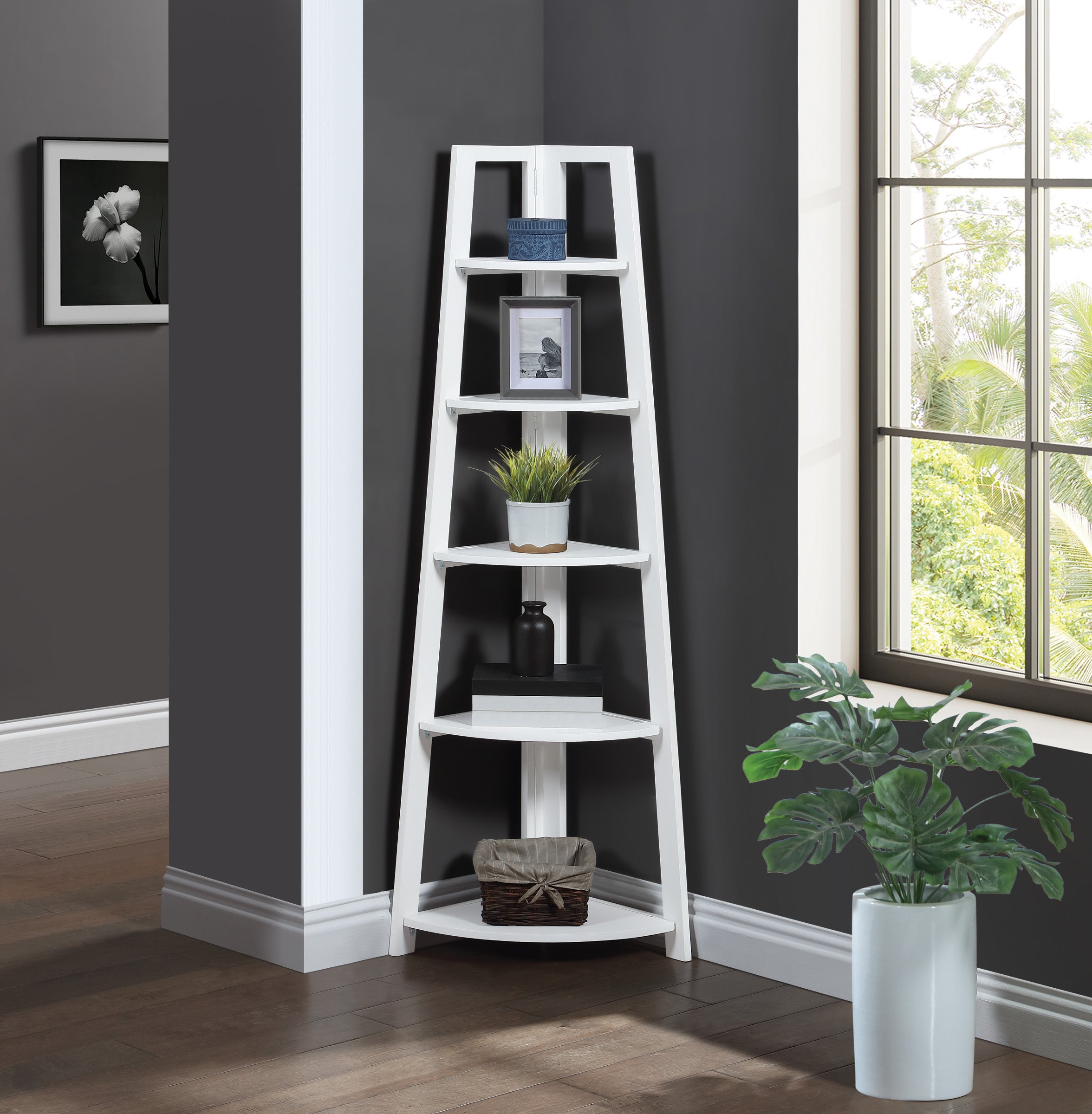 Bayfront 5-Self Corner Folding Bookcase in Willow White Wood Finish