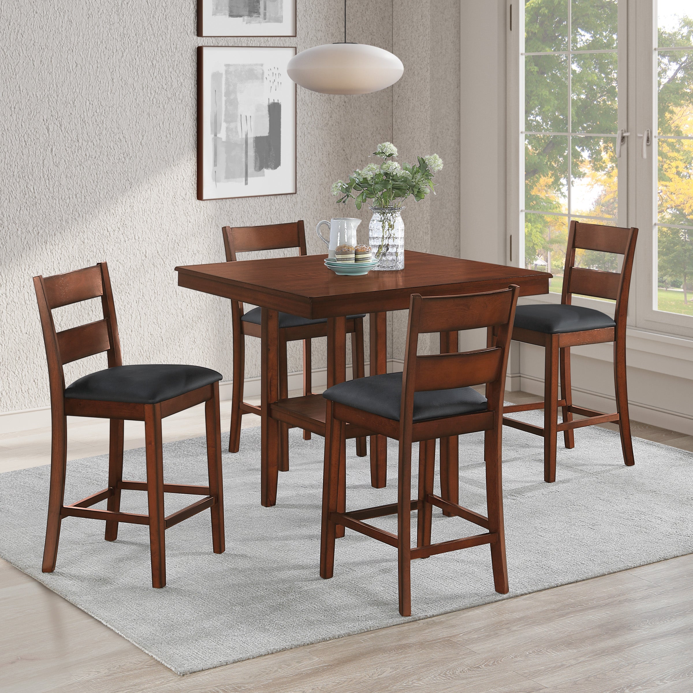 Carlson 5-PC Counter Height Dining Set With Blue Vinyl Fabric and Walnut Wood Finish