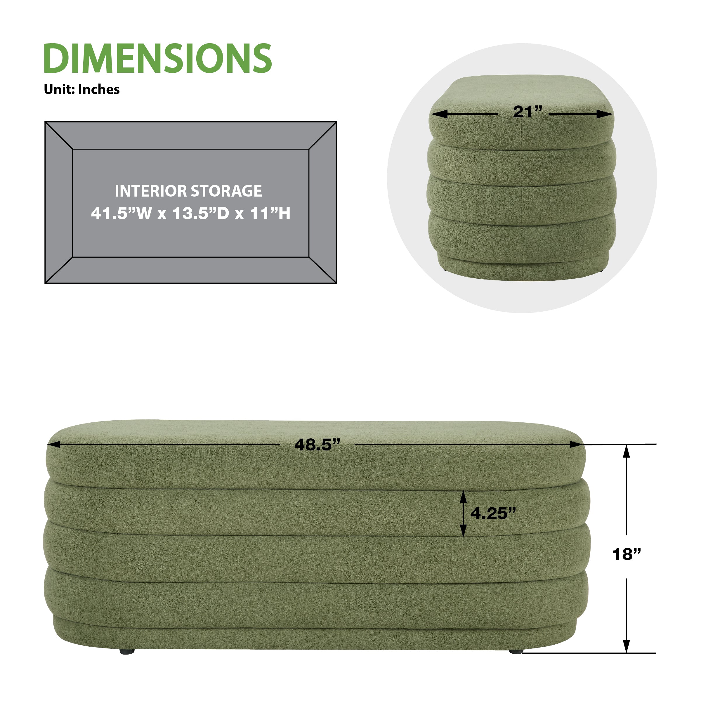 Clifford Storage Bench - Moss