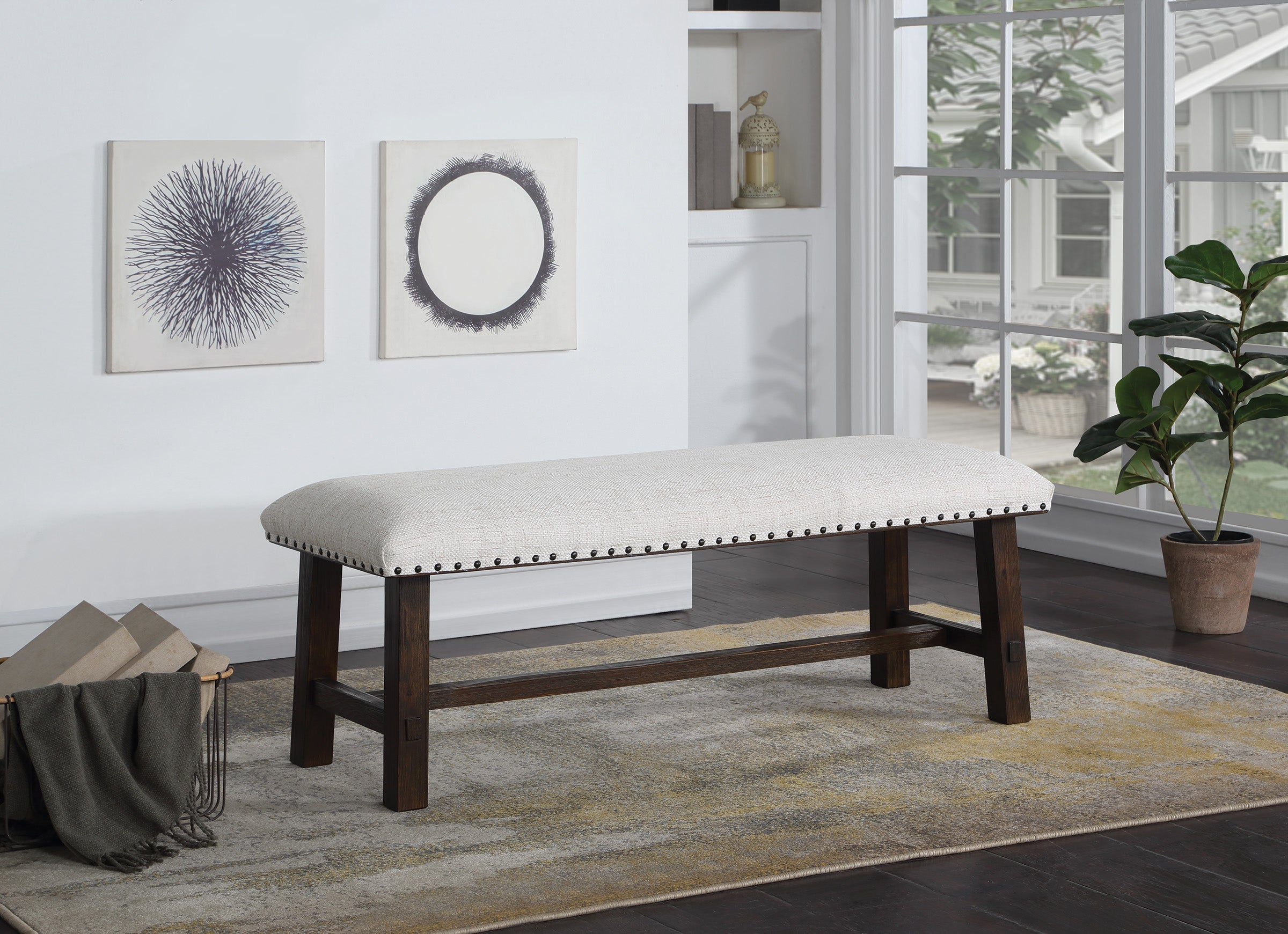 Callen Bench - Linen, Dark Walnut base