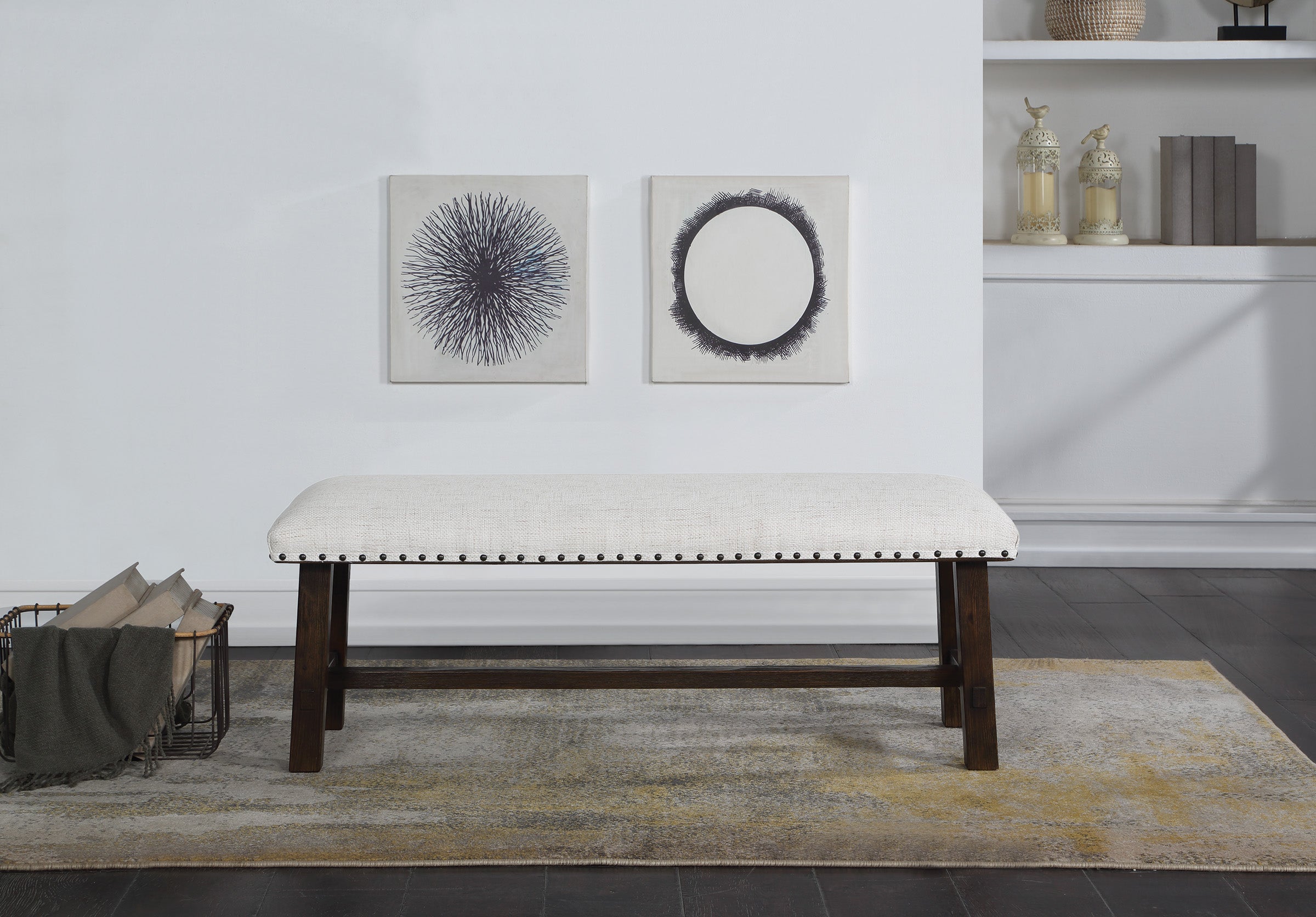 Callen Bench - Linen, Dark Walnut base