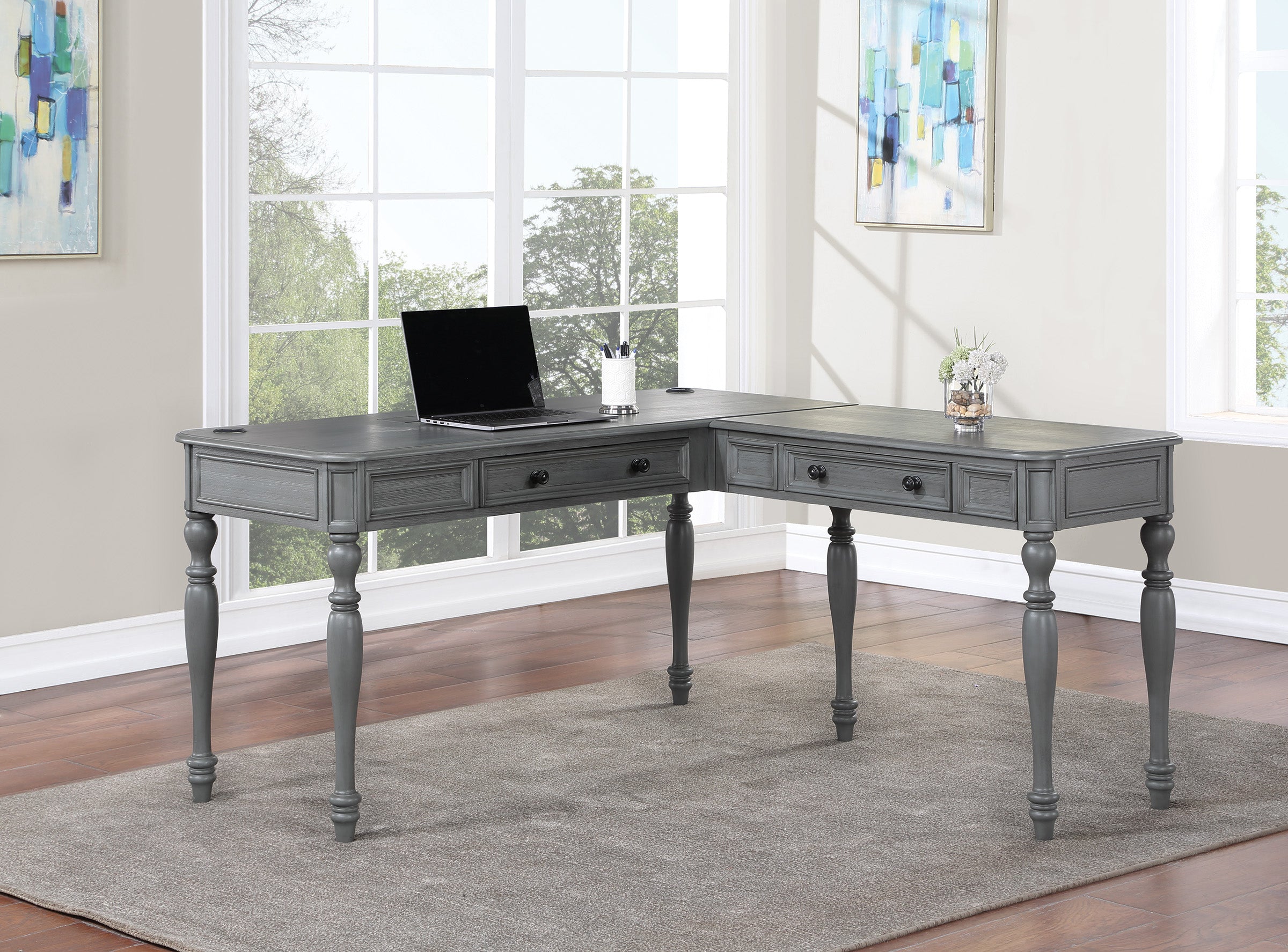 Country Meadows L-Shaped Desk w/PWR - Plantation Grey