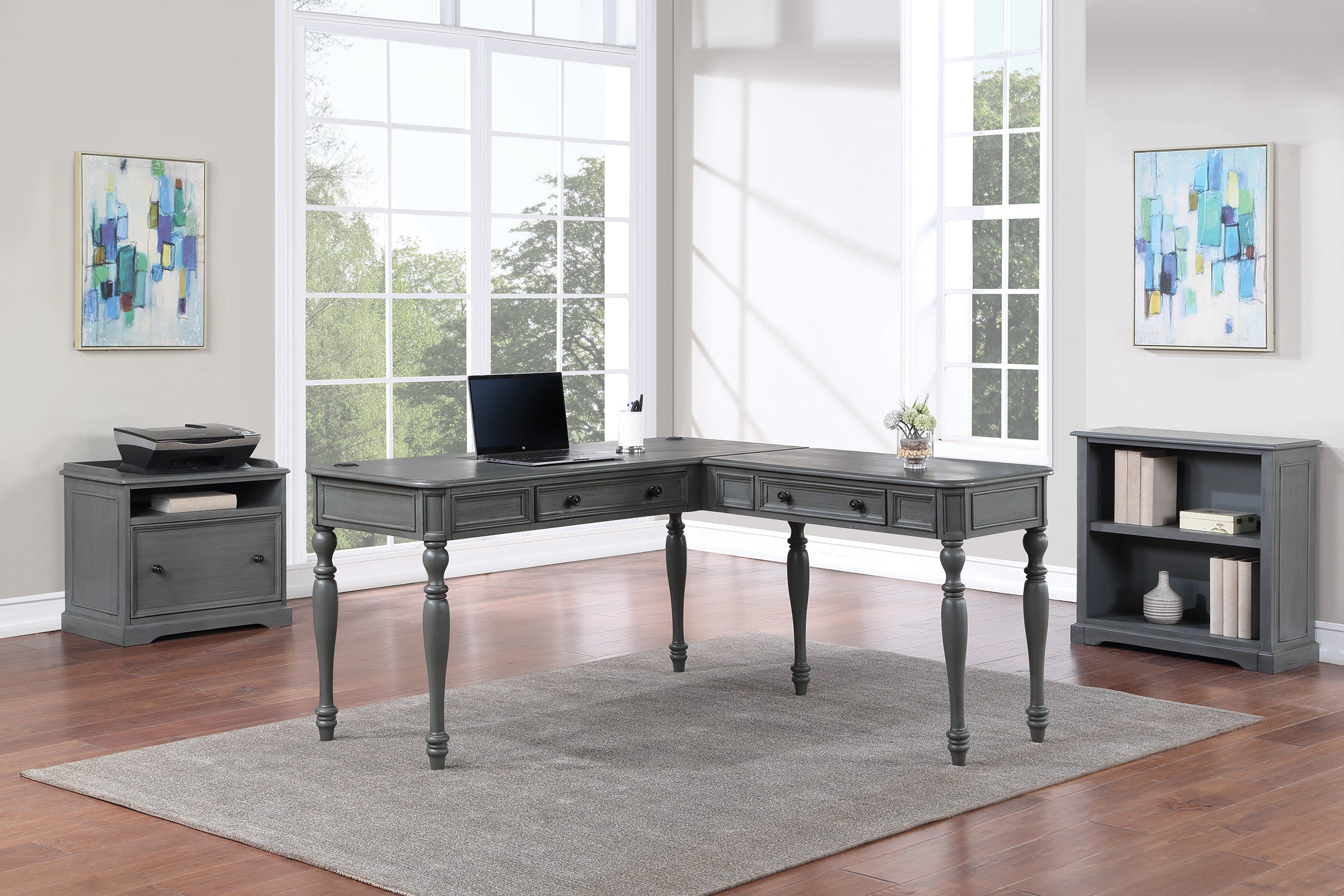 Country Meadows L-Shaped Desk w/PWR - Plantation Grey