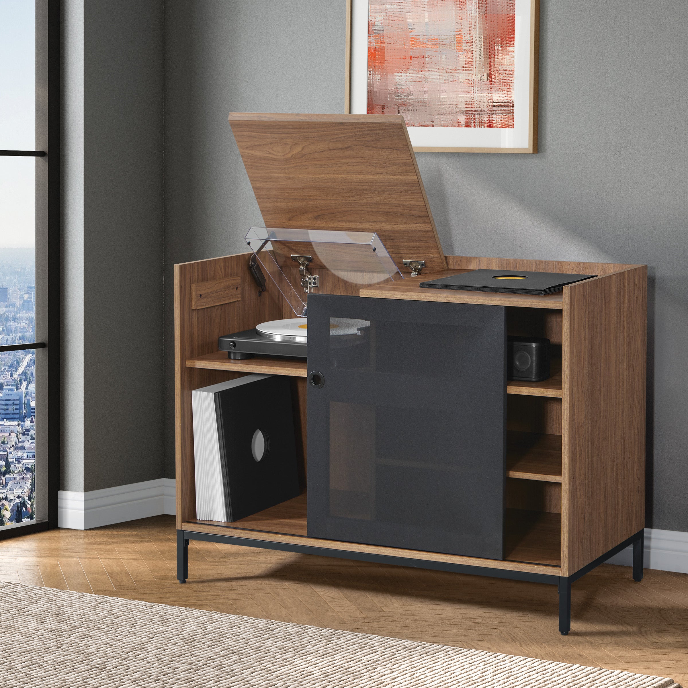 Record Player Stand w/ Album Storag - Majestic Walnut