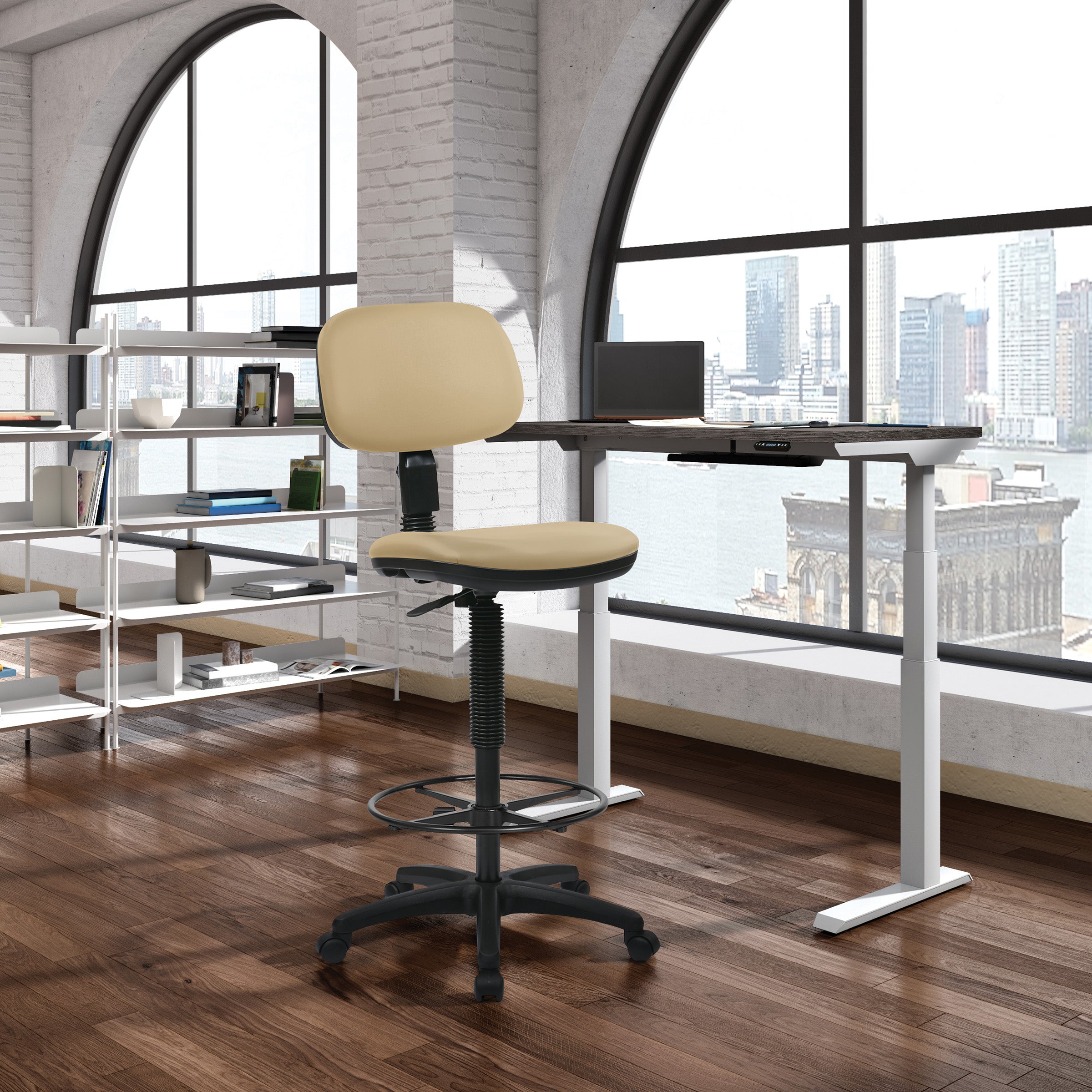 Sculptured Seat and Back Custom Dillon Fabric Drafting Chair - Dillon Buff