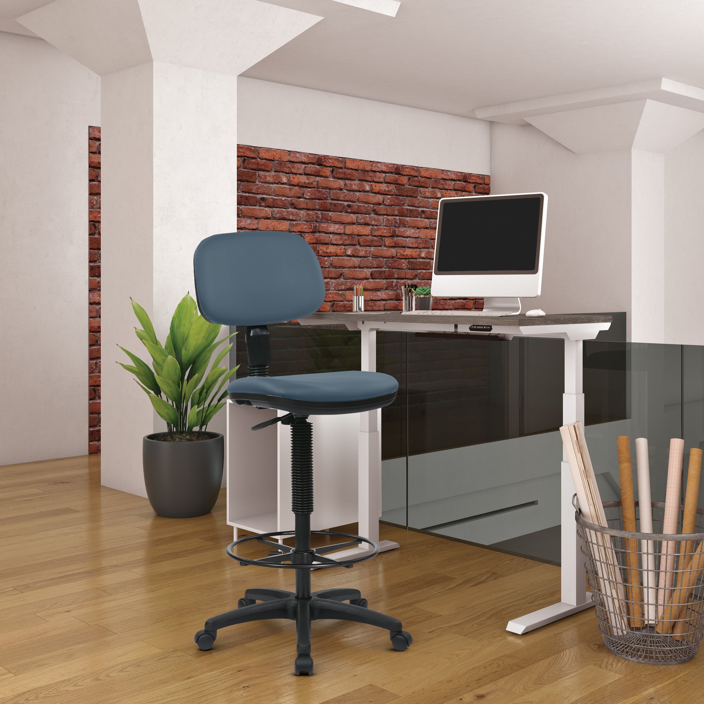 Sculptured Seat and Back Custom Dillon Fabric Drafting Chair - Dillon Blue