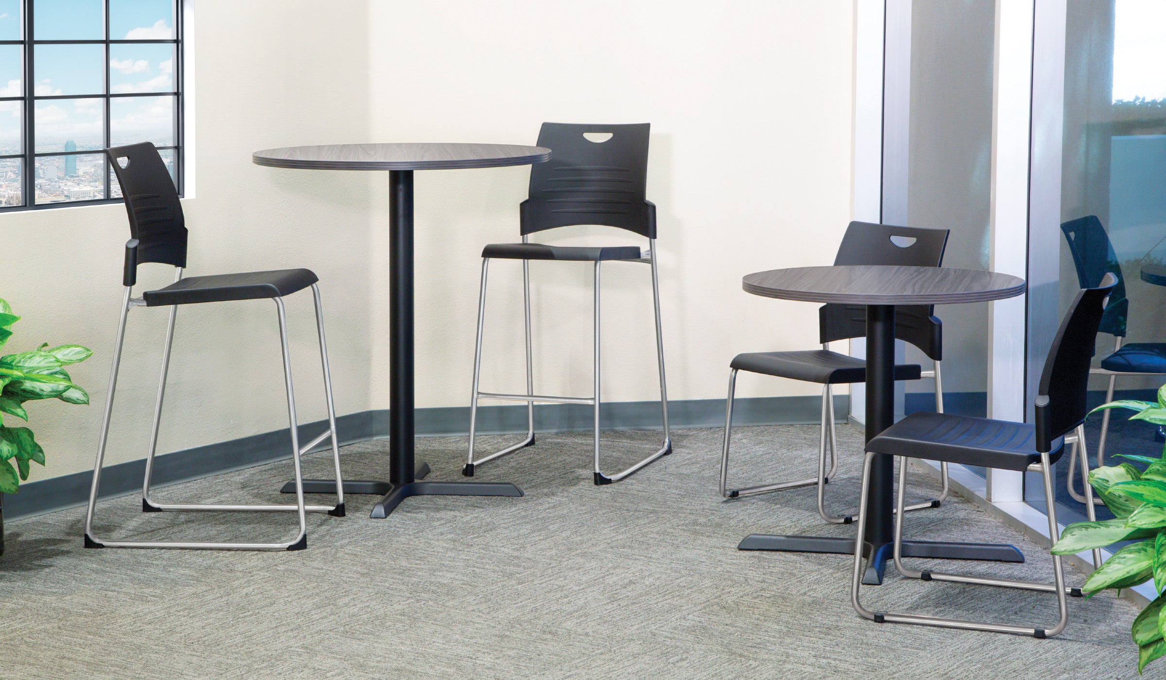 Tall Black Stacking and Ganging Chair with Plastic Seat and Back with Chrome Frame - Black