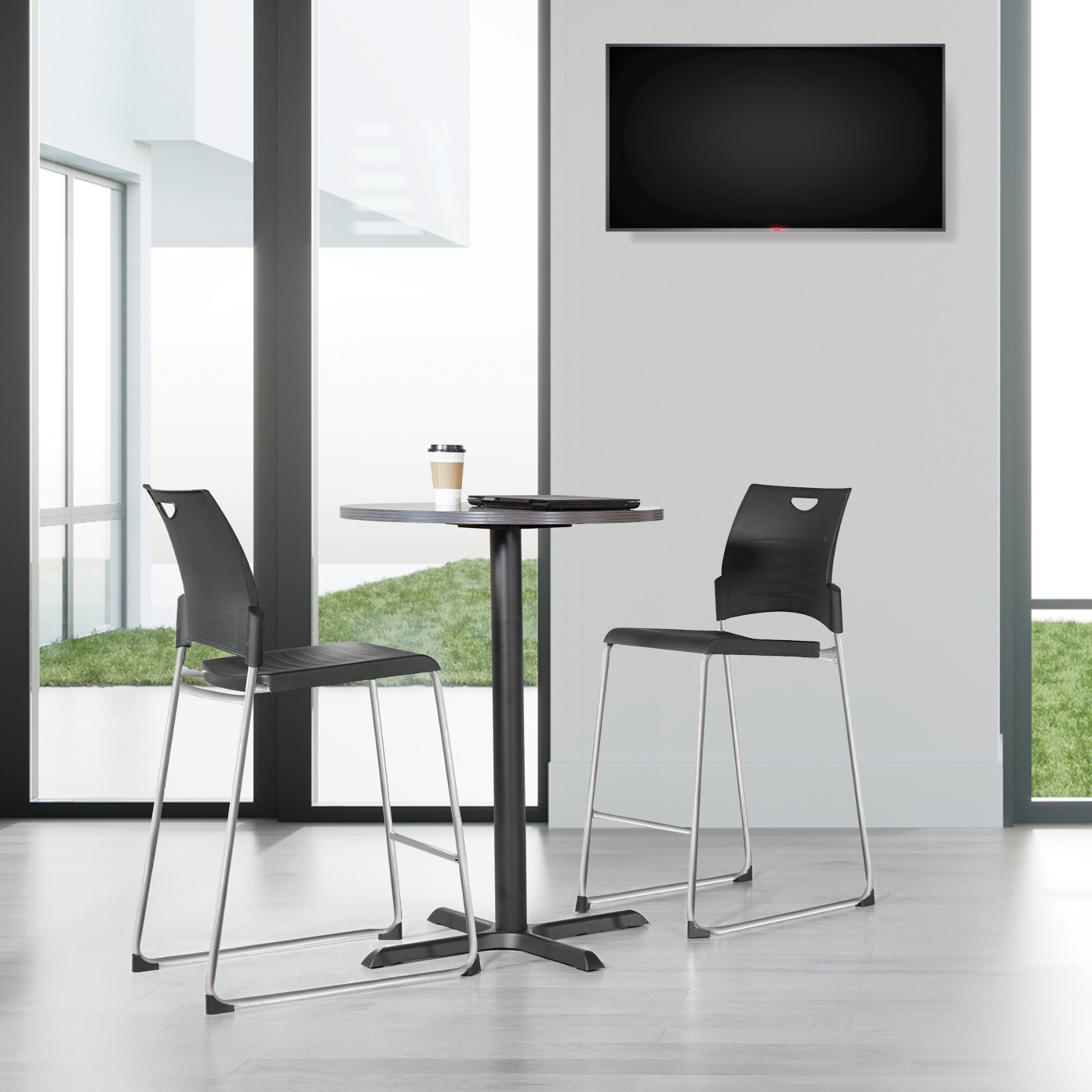 Tall Black Stacking and Ganging Chair with Plastic Seat and Back with Chrome Frame - Black