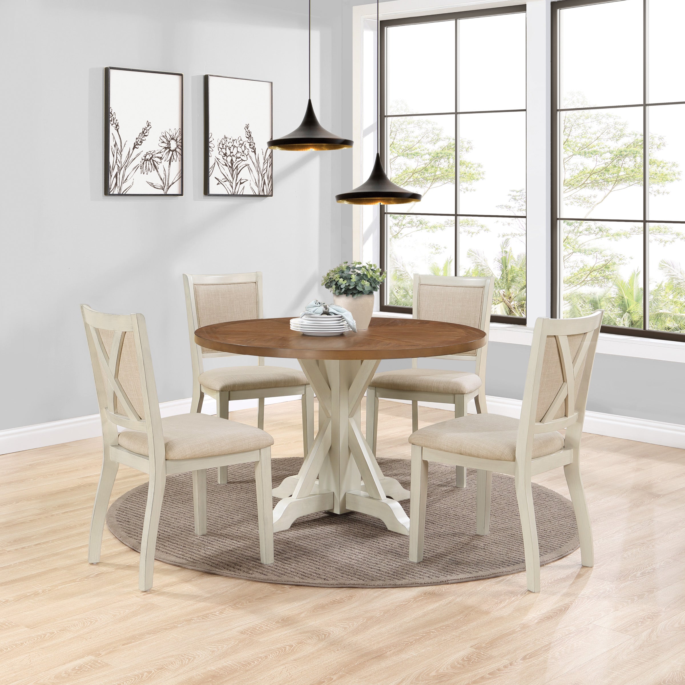 5 Piece Flower Dining Set  - Natural/White