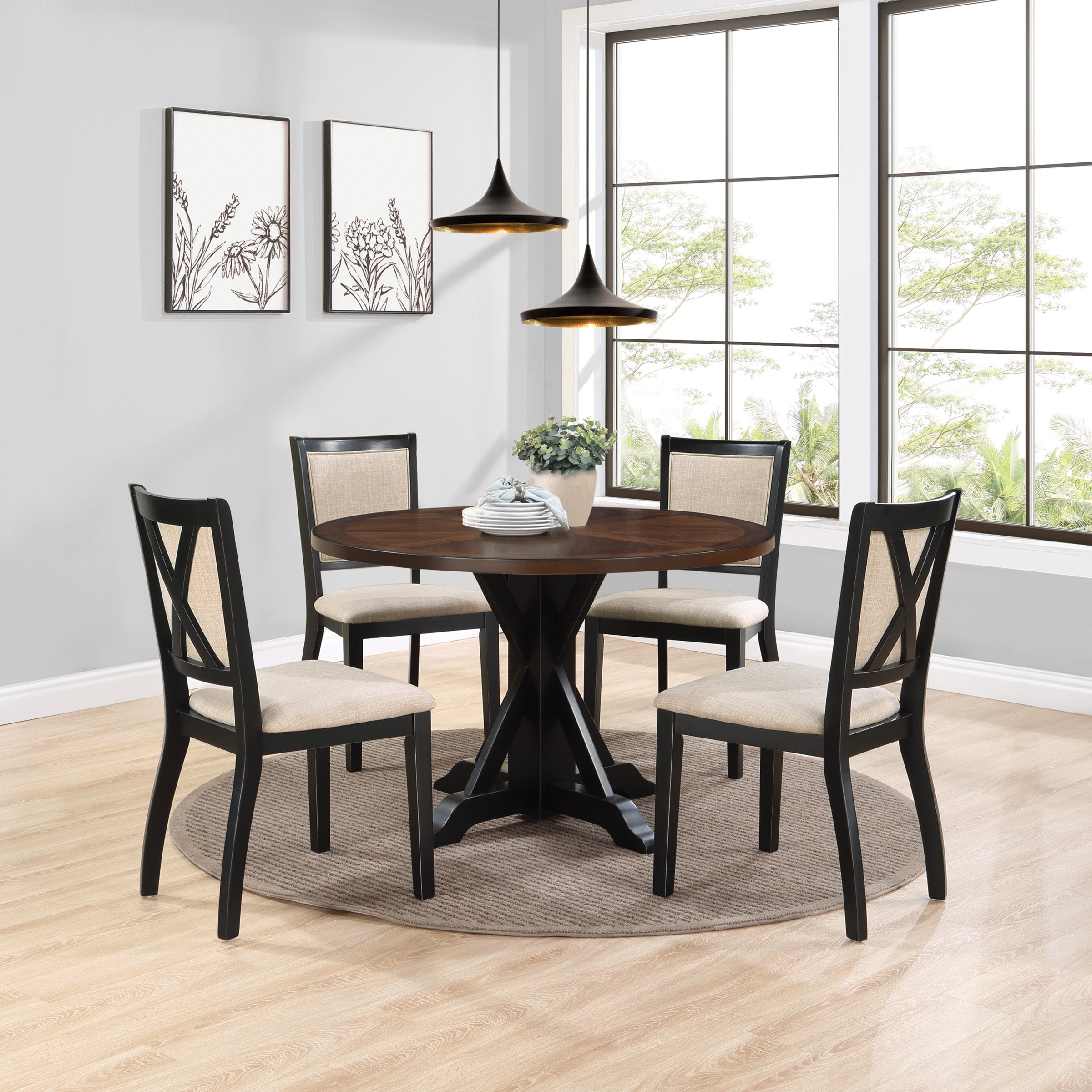 5 Piece Flower Dining Set  - Natural/Black