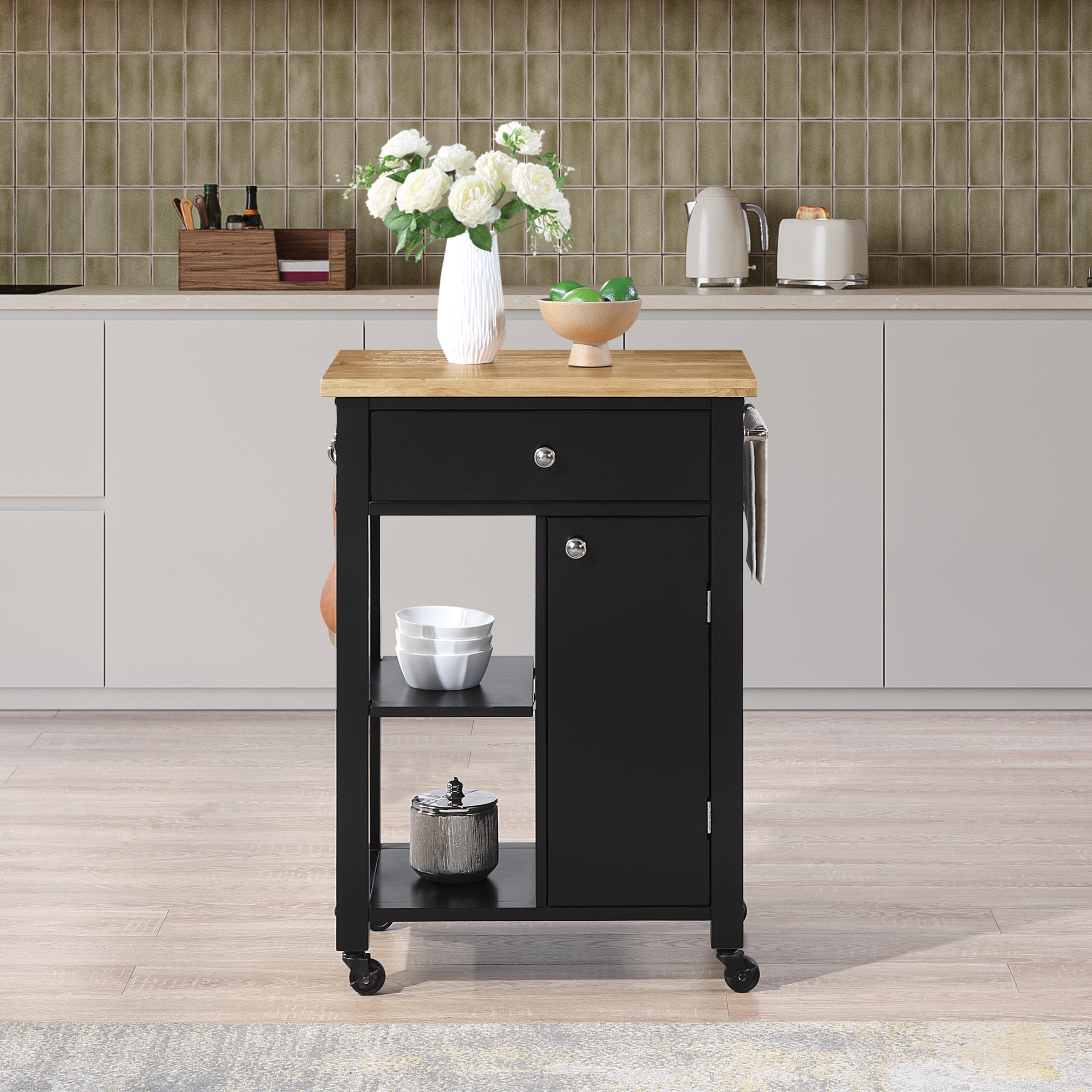Derry Kitchen Cart with Natural Butcher Block Top With Black Finish