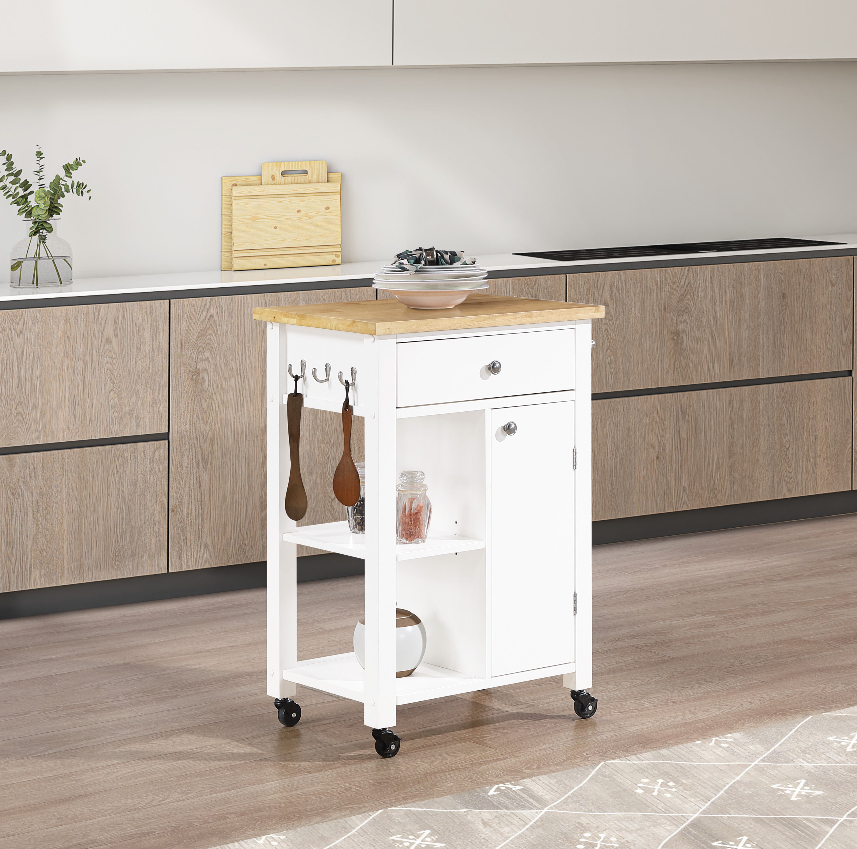 Derry Kitchen Cart with Natural Butcher Block Top With White Finish