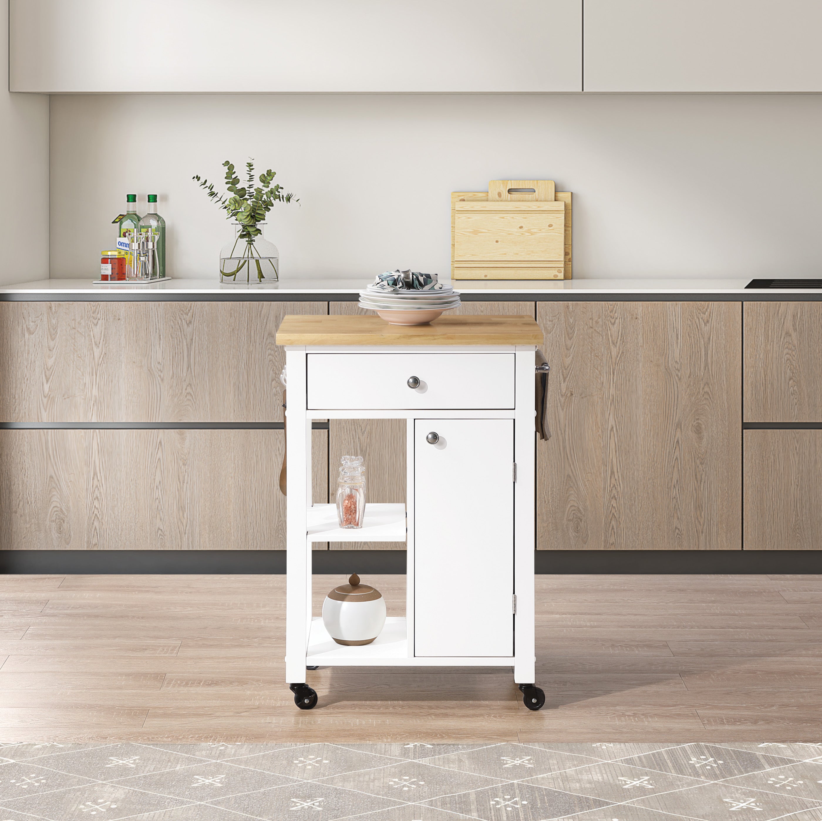 Derry Kitchen Cart with Natural Butcher Block Top With White Finish