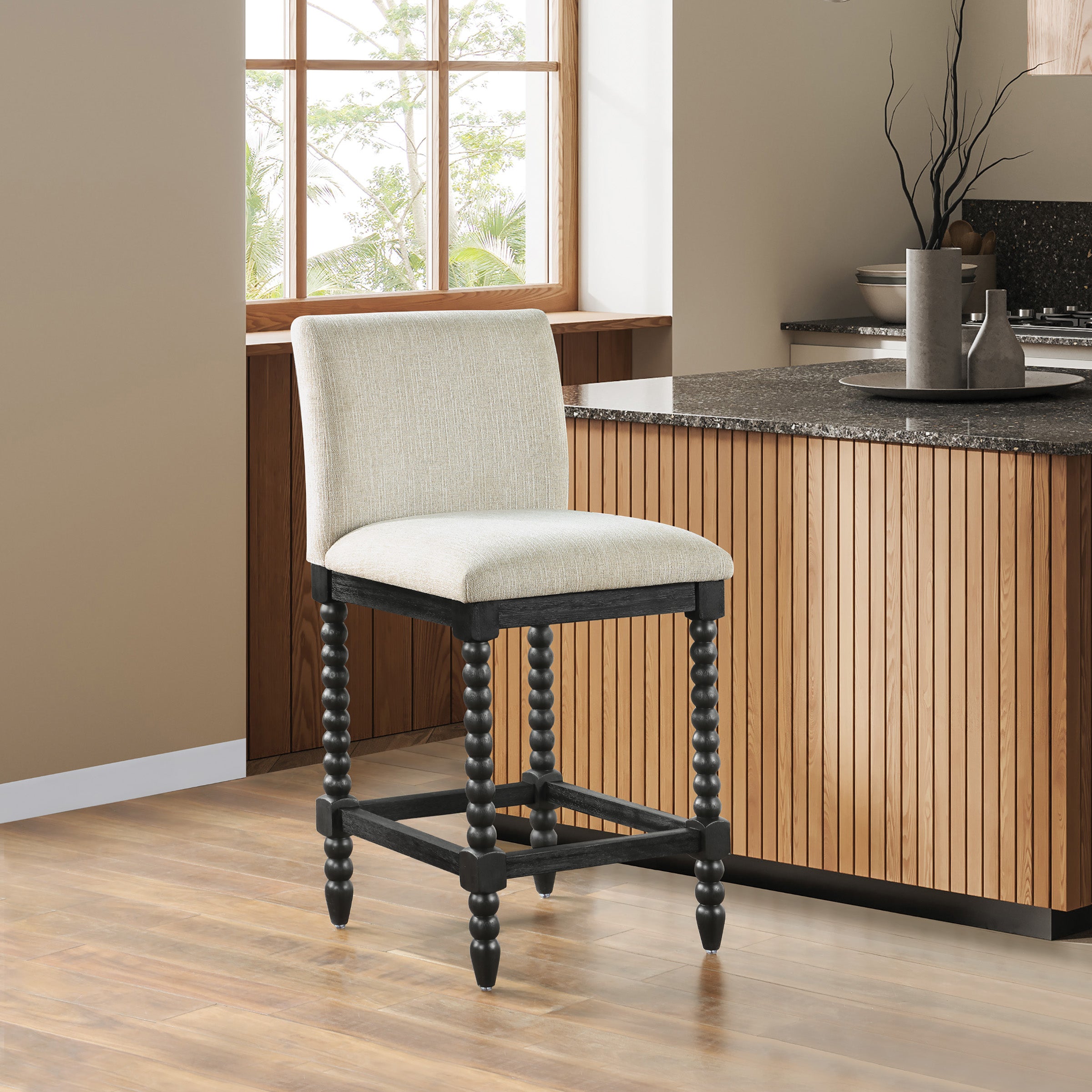 ELIZA 26" Spindle Counter Stool  - Linen / Black